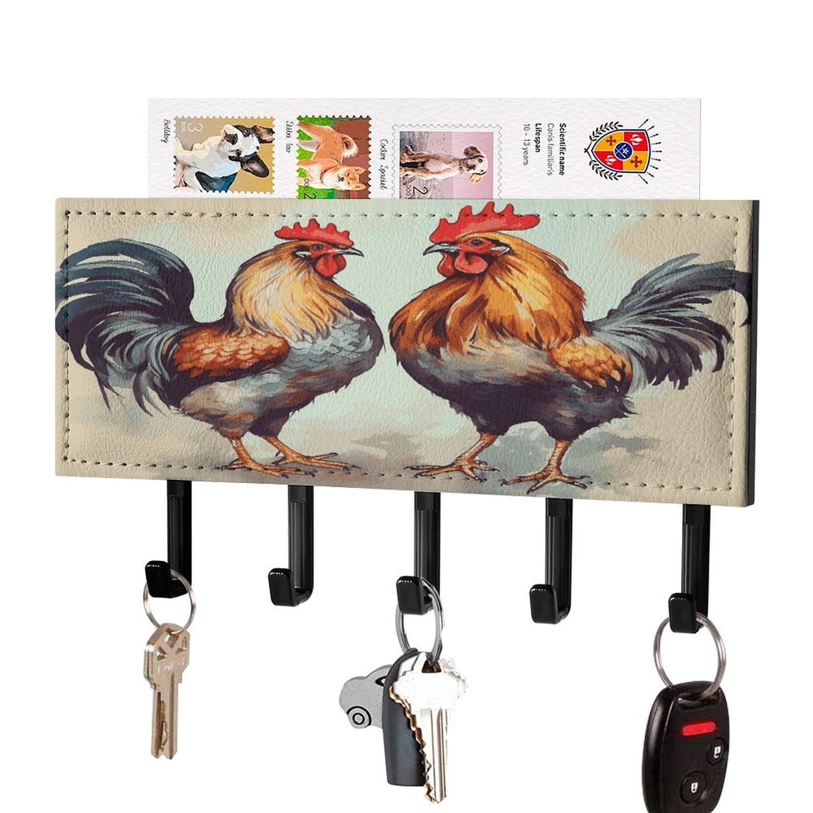 FekiLoot Rooster and Hen Key Holder Wall Mount Decorative Key and Mail Holder Pu Key Rack with 5 Hooks Key Hanger Organizer Decorative Home Decor for Wall for Entryway Office Living Room Black-Style