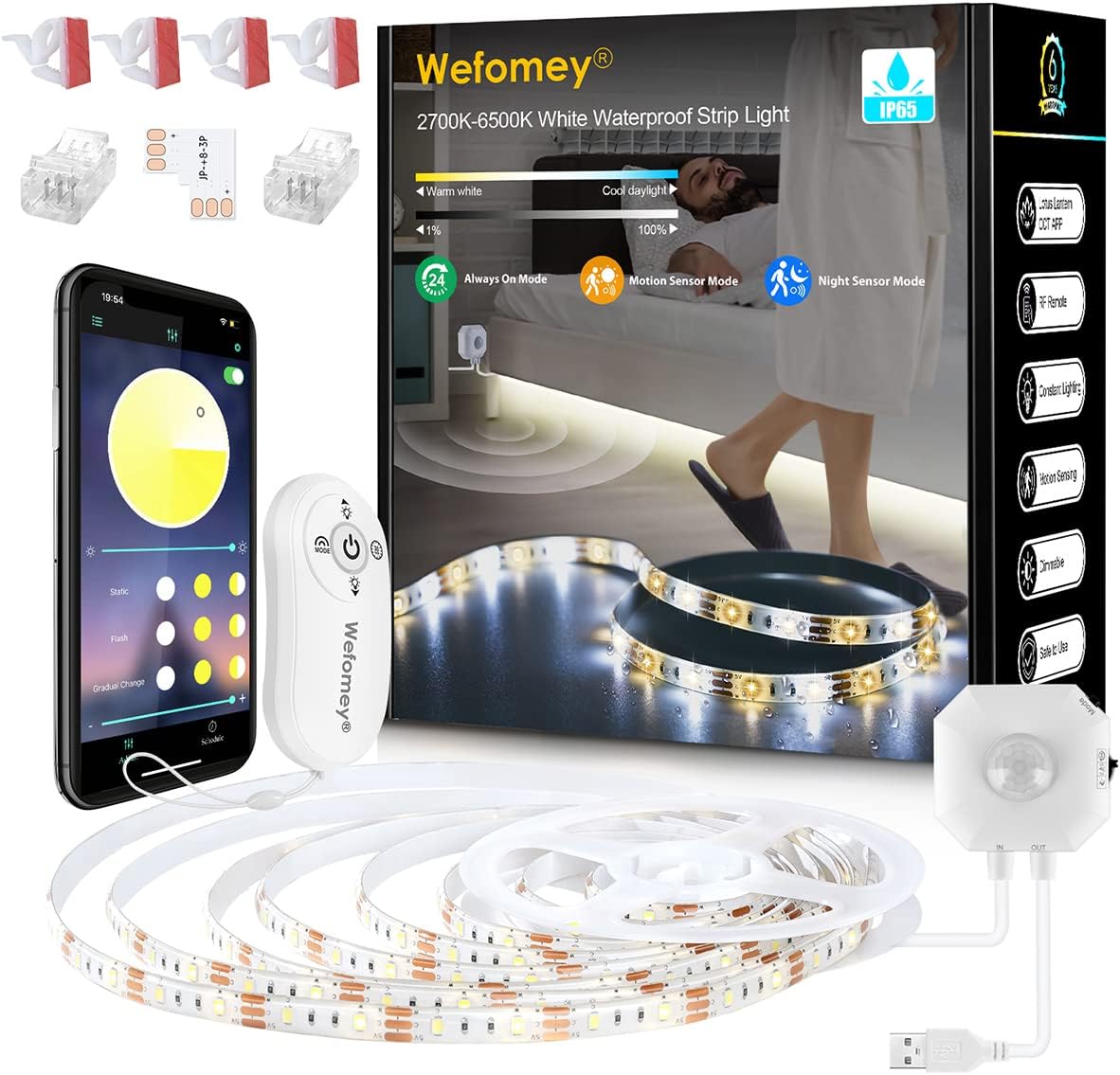 Wefomey Motion Sensor LED Strip Light Waterproof, 3M White LED Lights ...