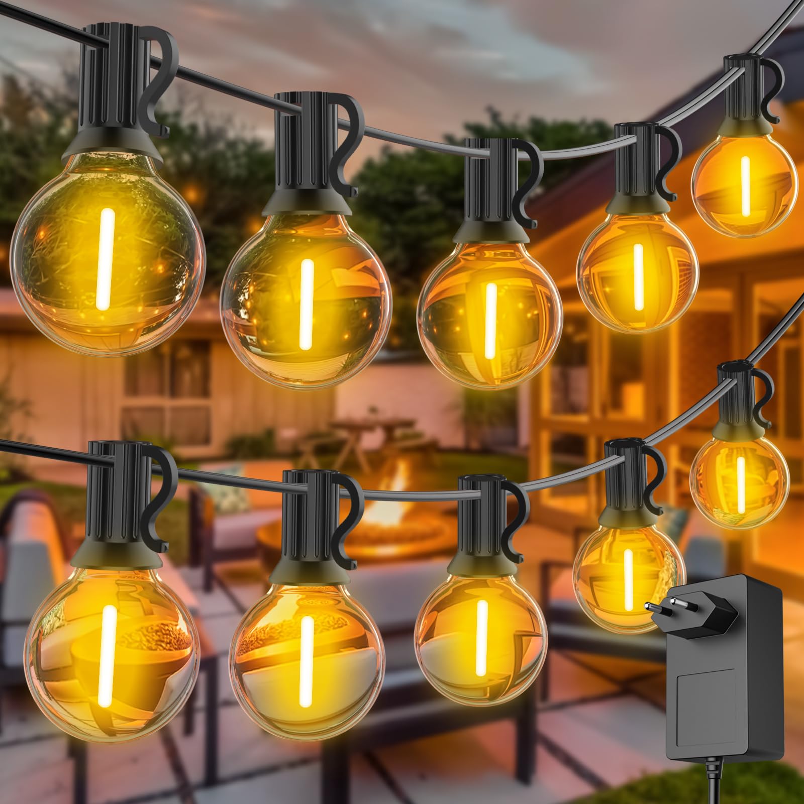 FARNY LED Lichterkette Außen, 30M Lichterkette außen strom mit 50+2 Stk. Warmweiße G40 Glühbirnen Plastik, IP45 Wasserdicht Innen/Außen Lichterketten für Garten, Terrasse, Hochzeiten, Partys