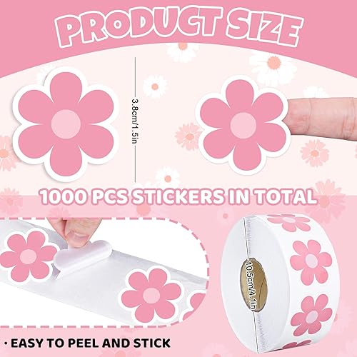 Miniatura 2 de Whaline 1000 calcomanías bohemias de margaritas rosadas con forma de margarita, diseño hippie, diseño de flores, autoadhesivas, estilo retro,
