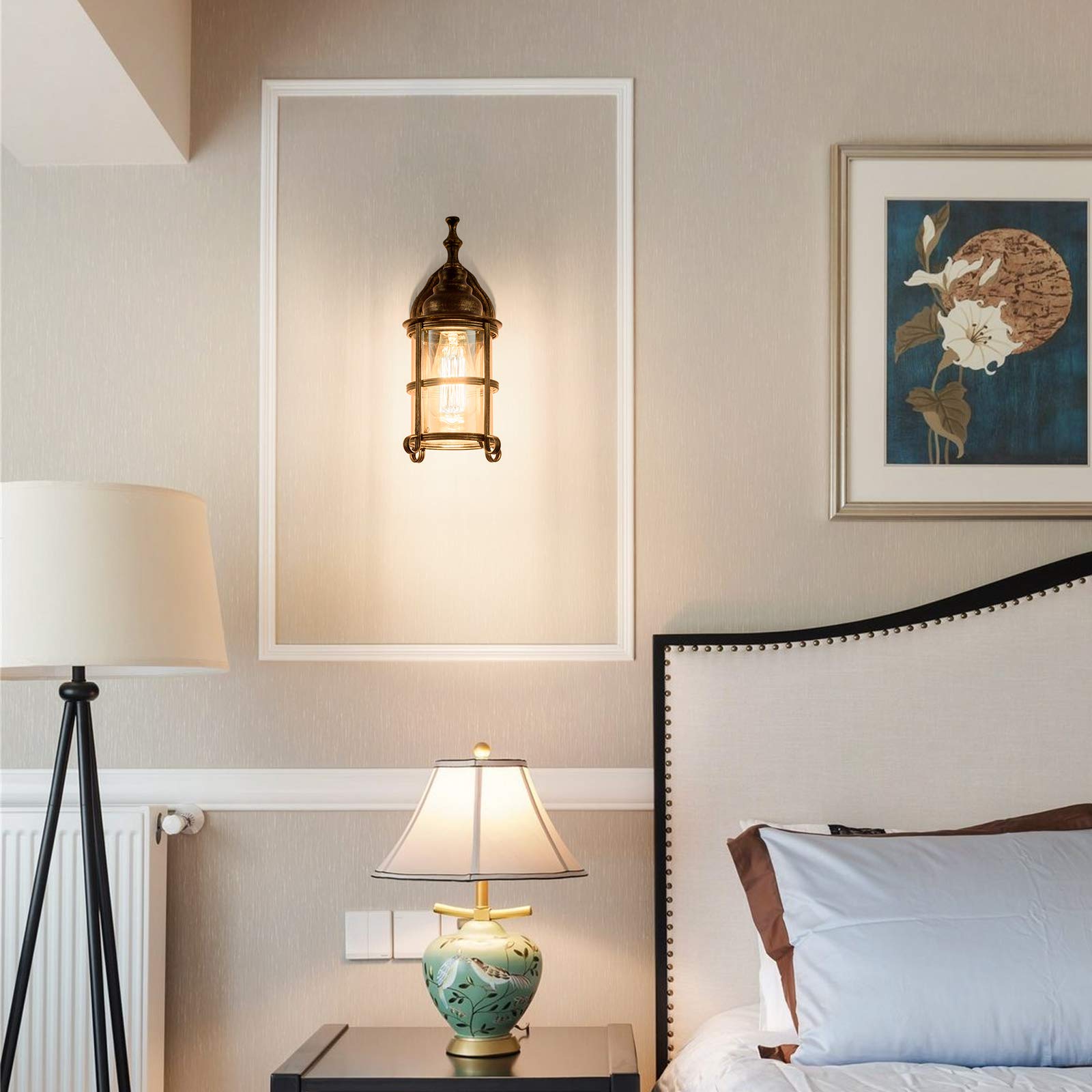 Rústico ámbar de Vidrio de la pared 2-Pack, Bronce Cepillado, Industrial Farmhouse Lámpara de iluminación del Pórtico Prueba Retro para Interior Dormitorio（NO Bulb）