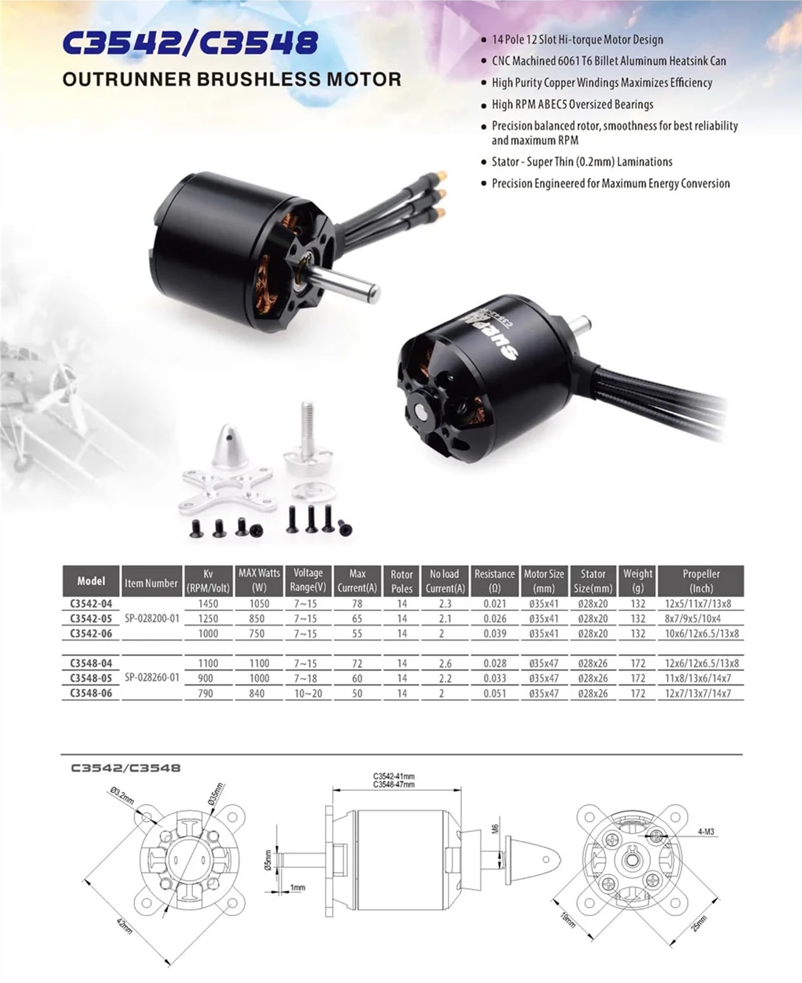 C3542 1000KV Outrunner Brushless albero motore ø5MM con vite per RC Airplane Aircraft ala fissa RC Drone