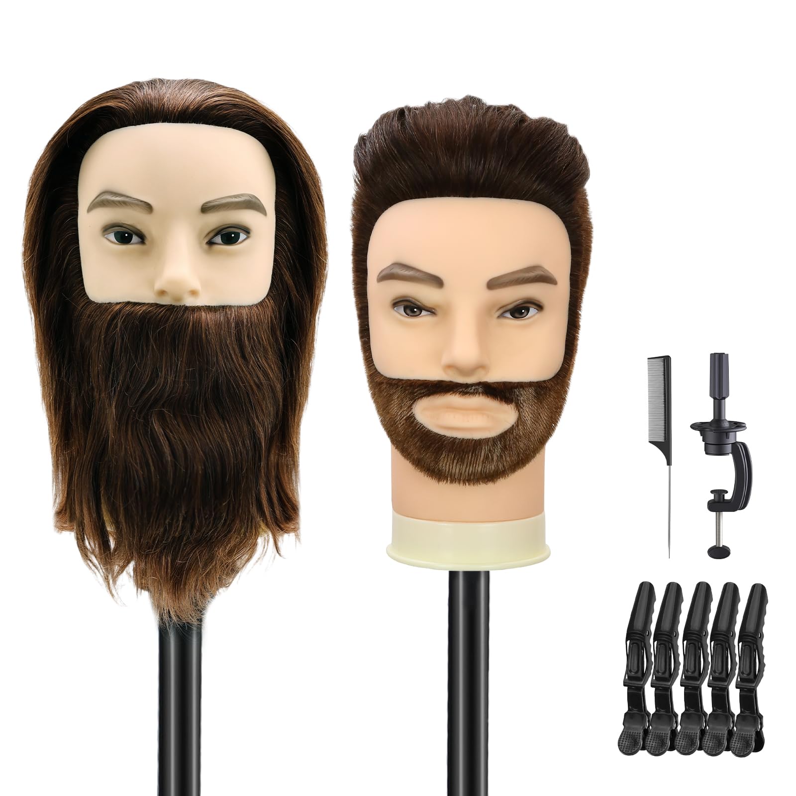 TwoWin 12 Zoll (30.5 cm) Mann Frisierkopf Echthaar mit Bart, Friseur Übungskopf Mannequin Head mit Tischklemme (Braun)