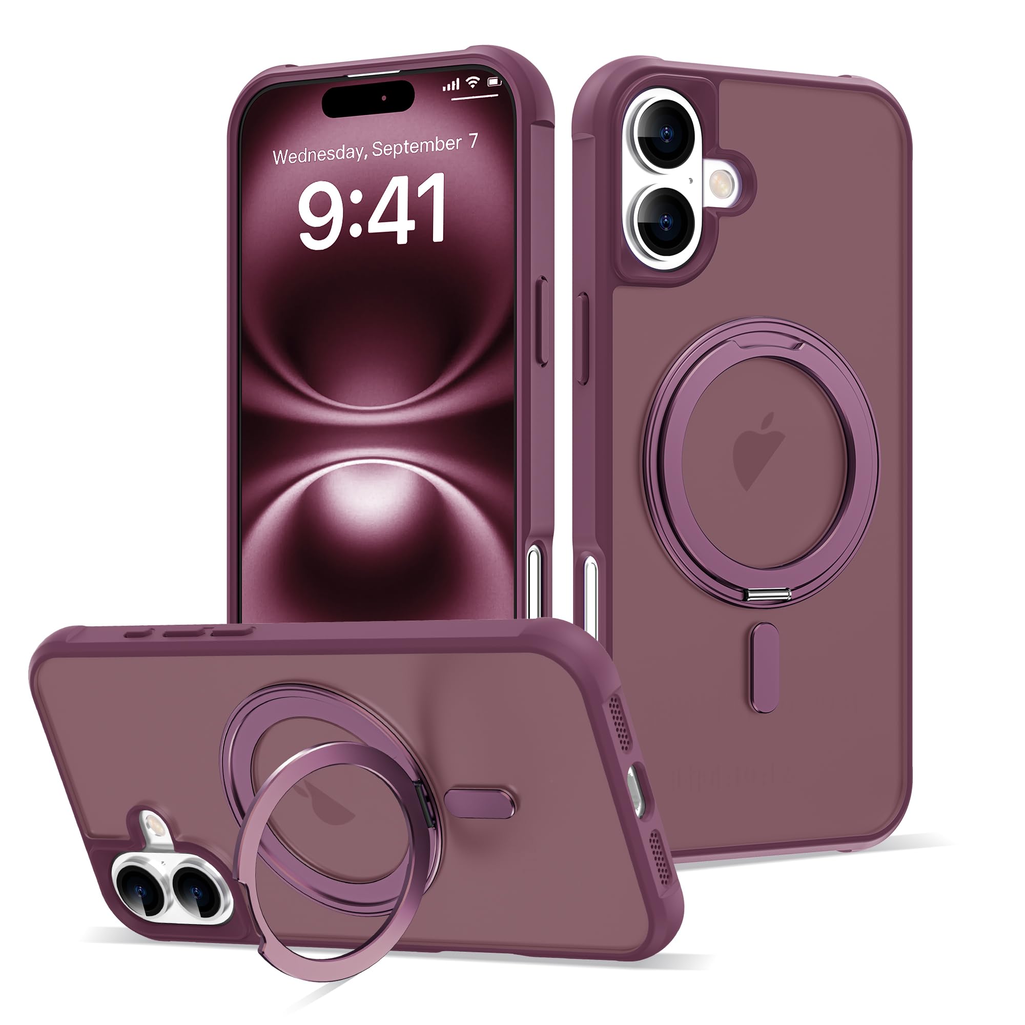 XIEWE for iPhone 16 Plus Case 6.7 Inches 360°Rotatable Magnetic Ring Invisible Stand,[Compatible with Mag-Safe] Military Shockproof Frosted