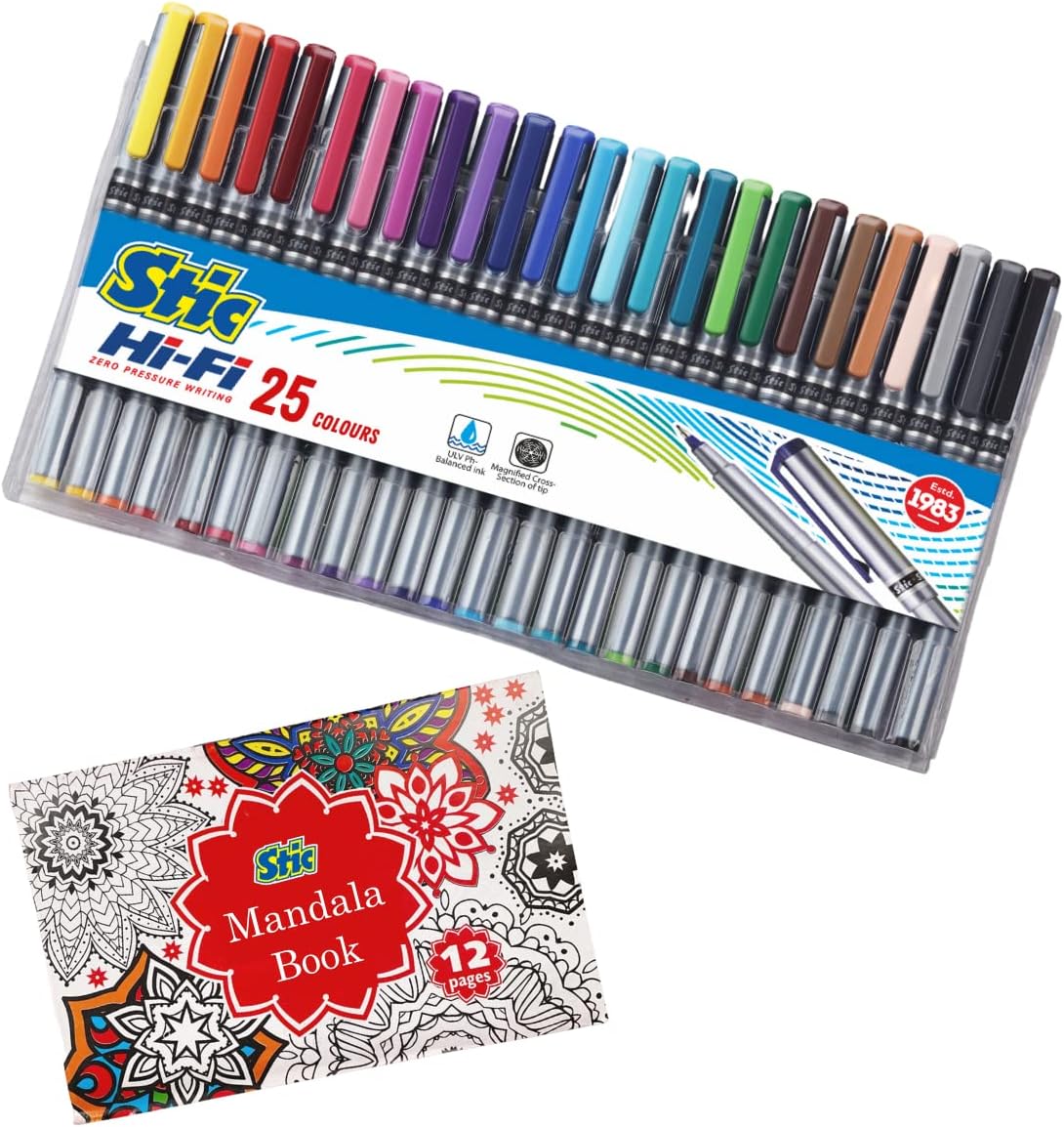 Stic 25 Fineliner Free Mandala Book Doodle Fine Liner Point 0.5mm Stick Pens Set Assorted Art Marker Sketch Color Micro tip sketching doodling anime journal outline highlighting activity supplies gift
