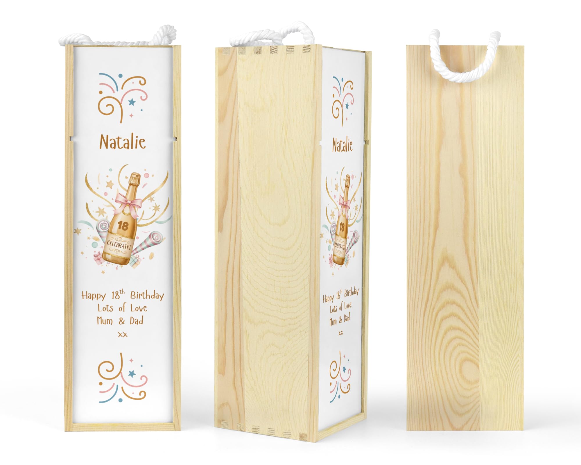 Personalised Wooden Wine Spirit Bottle Box, Celebrate Bottle Design, Rope Handle, Gift For 18th 21st 30th 40th 50th 60th 70th 80th Birthday