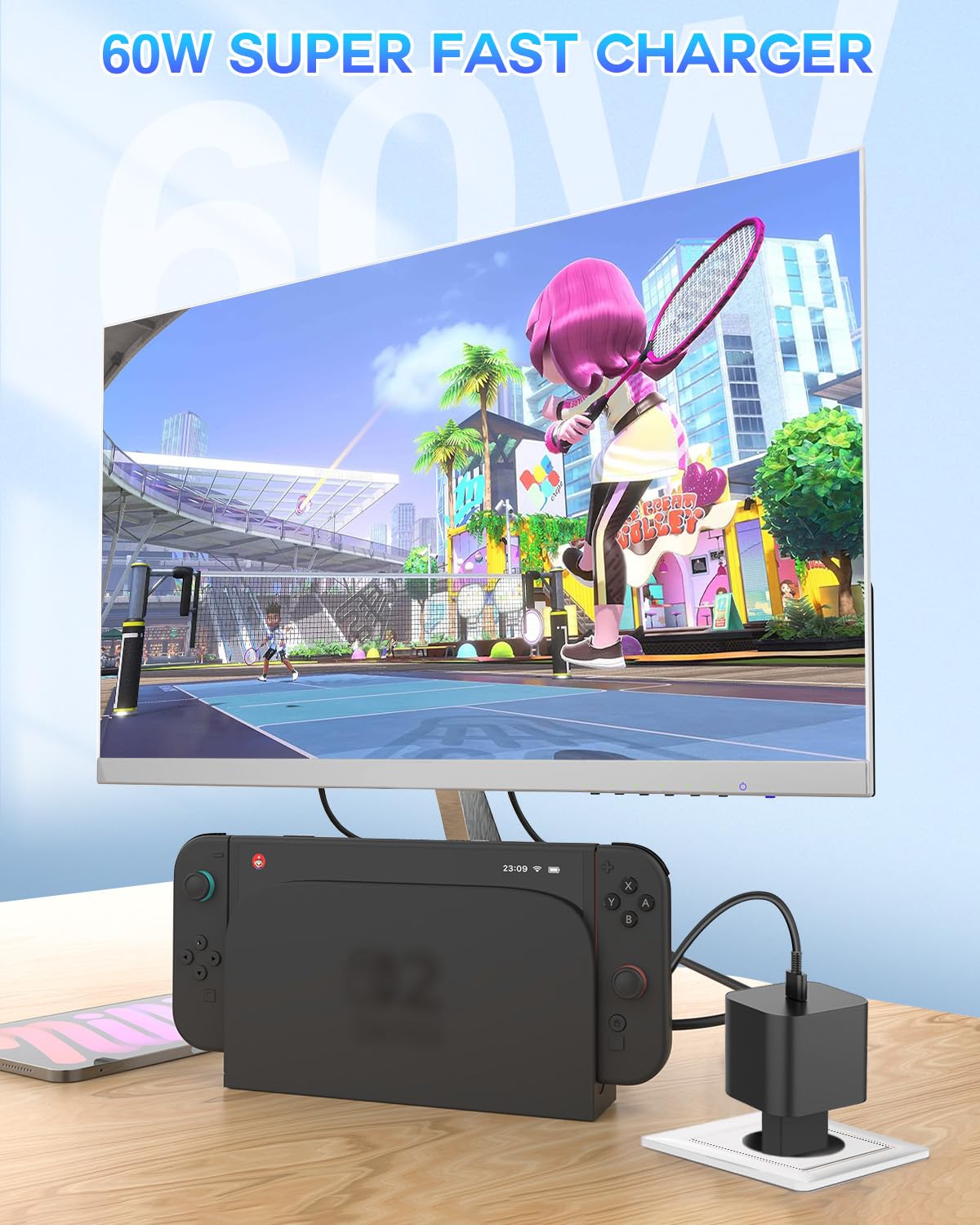 Cargador para Switch 2, Adaptador de Corriente para Switch 2 Dock y Controlador Pro/Switch Lite, Adaptador de 60W Carga Rápida Compatible con Modo TV/Switch/Switch OLED