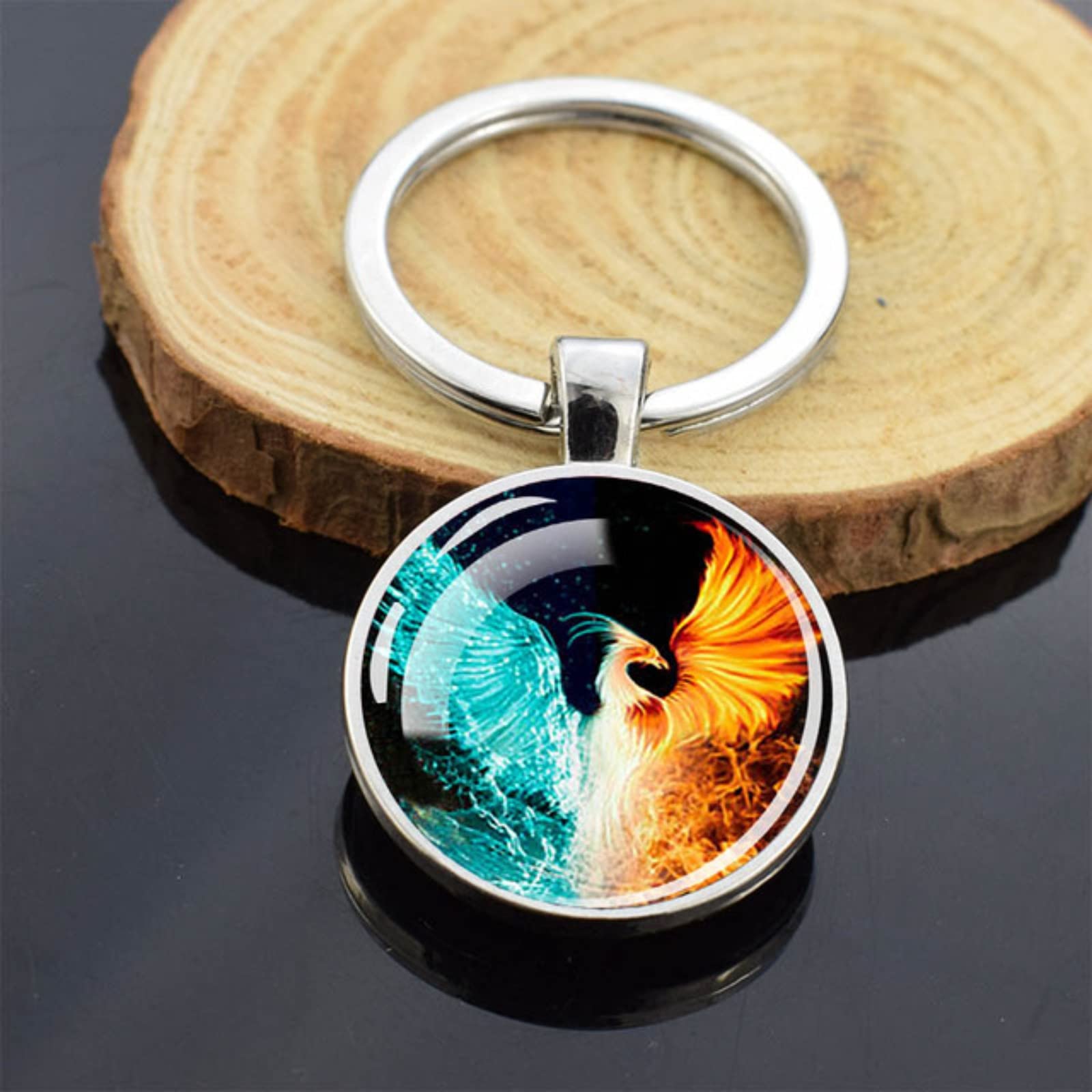 Amazon.co.jp: 火鳳凰ガラス玉キーホルダー両面自動車キーホルダー木製