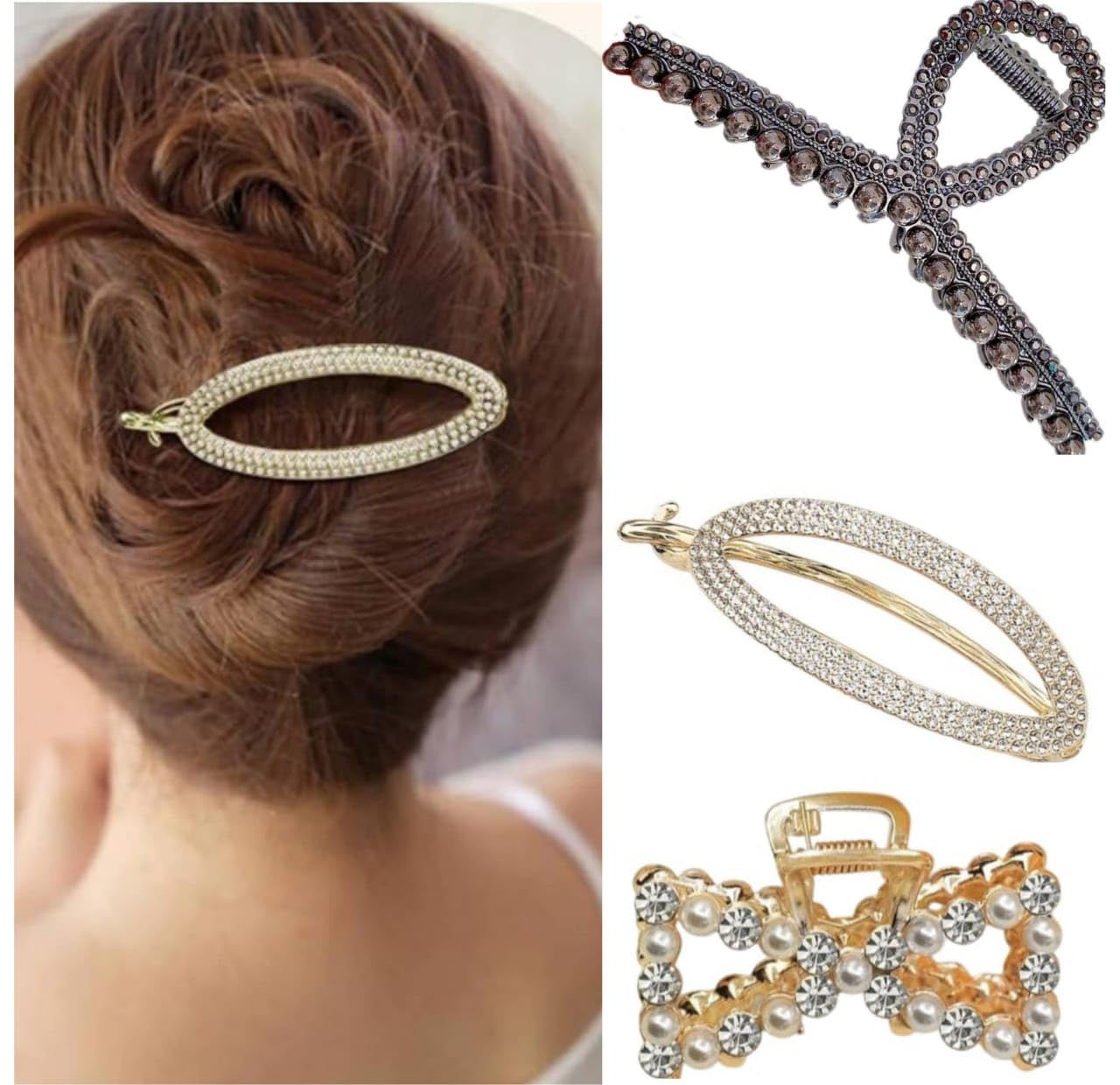 MISS LIRENN® 03 PCS Decorative French Barrette Pearl and Rhinestone Hair Claw Clips Set, Crystal Rhinestone Metal Barrettes, Large Strong Hold for Thick and Thin Hair, Hair Styling (Multicolor1)