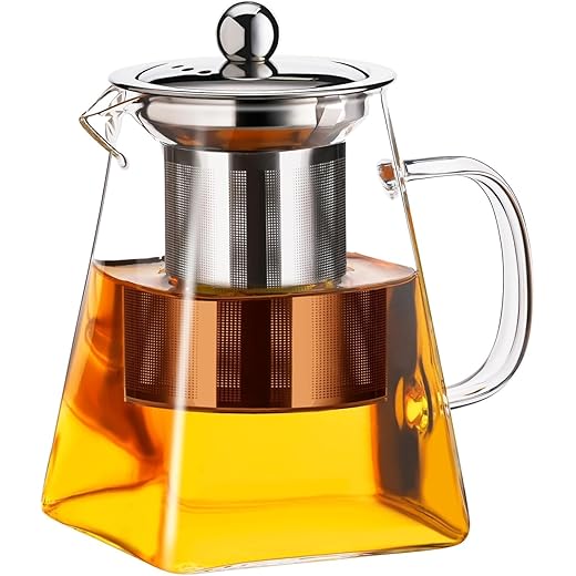 HEJISUN Glass Teapot With Infuser 750ml - Clear Tea Kettle With Removable Stainless Steel Strainer, Stovetop Safe for Blooming and Loose Leaf Tea (Square, Pack of 1)