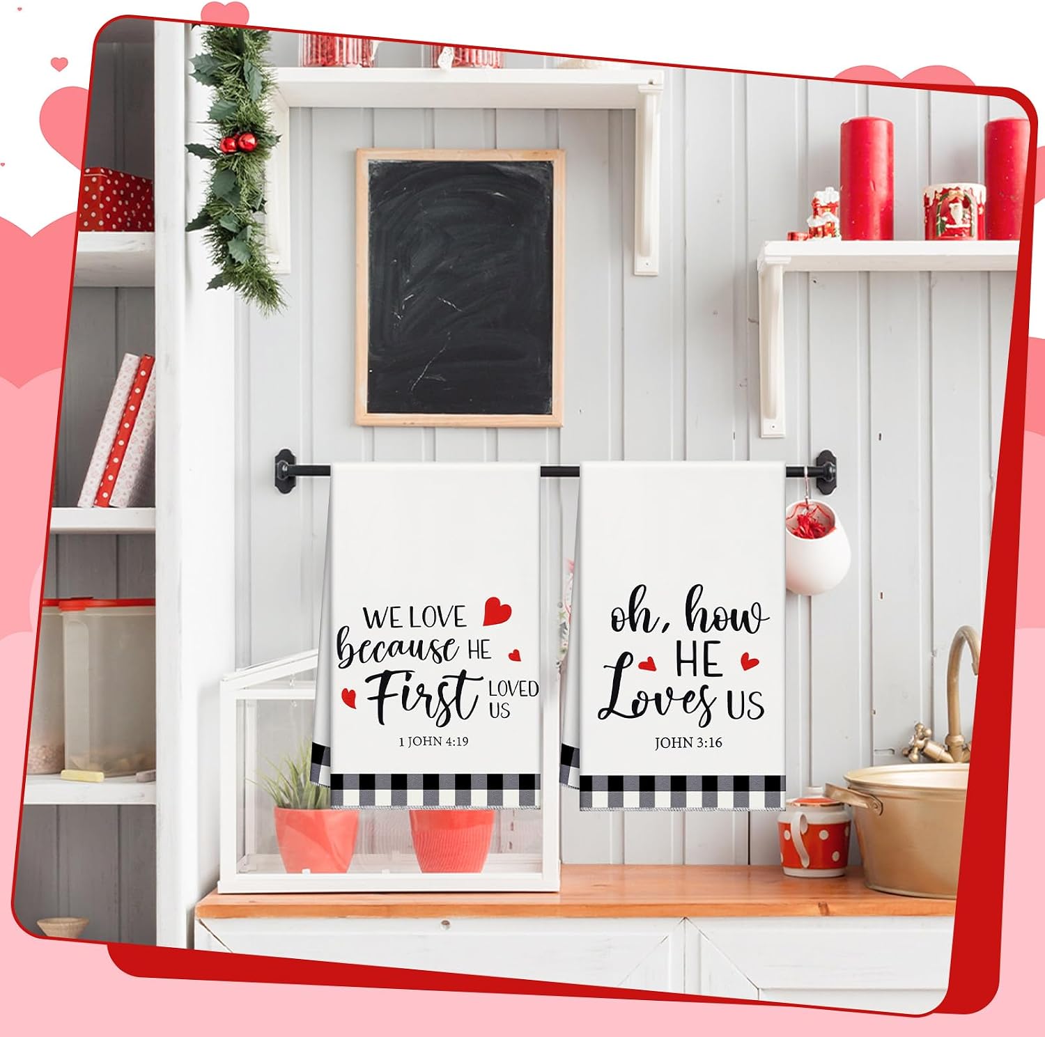 Macarrie 2 Pcs Buffalo Plaid Valentine Kitchen Towels Christian Gifts Oh How He Loves Us Rustic Kitchen Towels Dish Religious Valentines Decor Jesus Gifts for Women