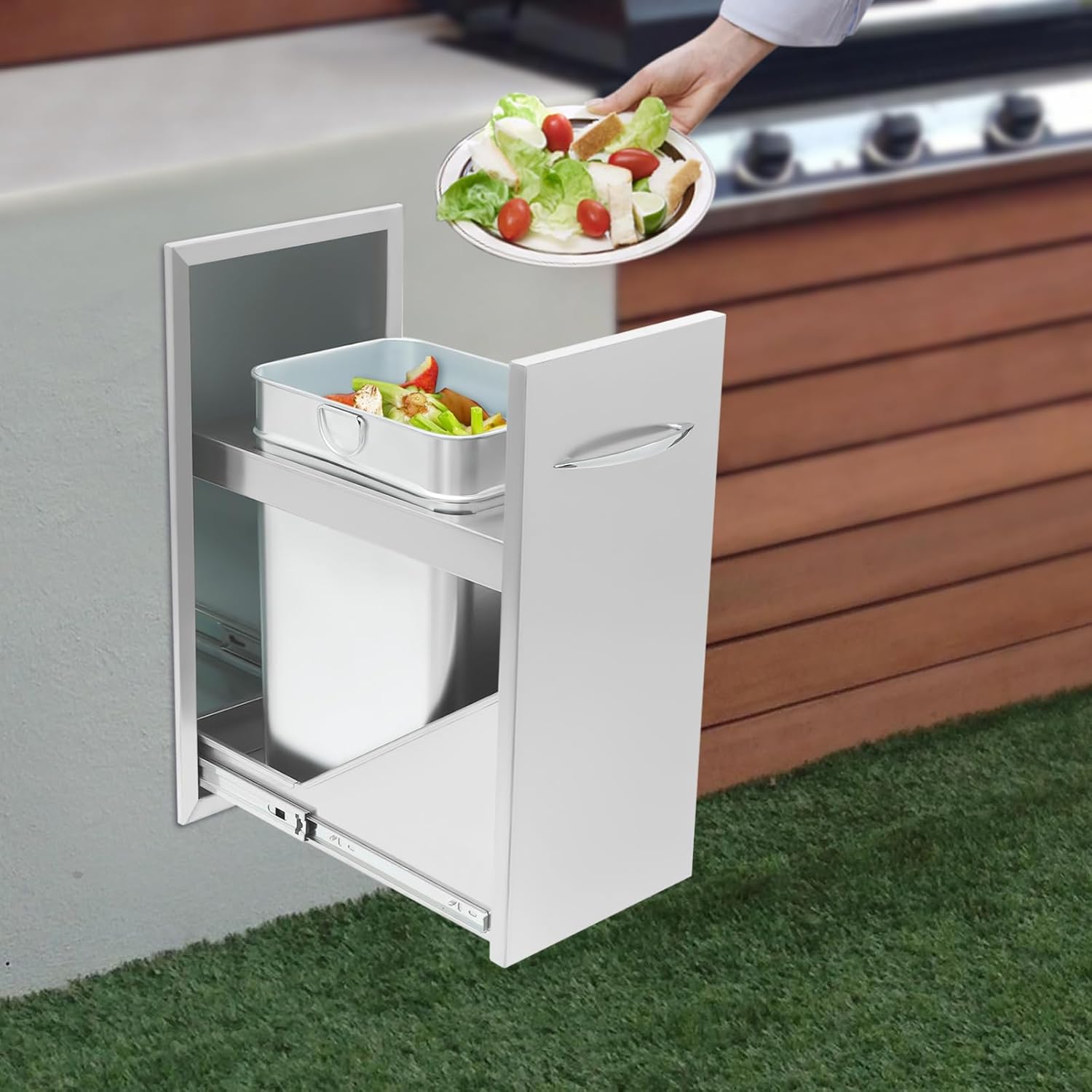 Outdoor Kitchen Drawers, 13.4W x 25.6H x 19.5D Stainless Steel Trash Drawer, Pull Out Trash Cabinet Can with Handle, Flush Mount BBQ Island Trash Storage Bin for Outdoor Indoor Hotel Restaurant