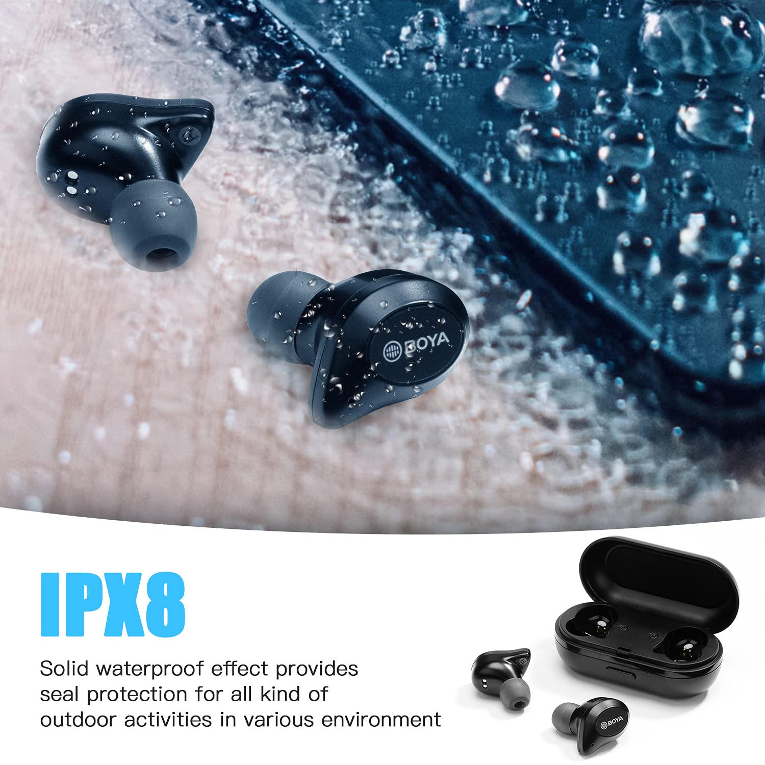BOYA Blutooth - Auricolari wireless da 5" con controllo tattile, con custodia di ricarica, microfono integrato per telefonate, musica, ascolto, sport (nero)