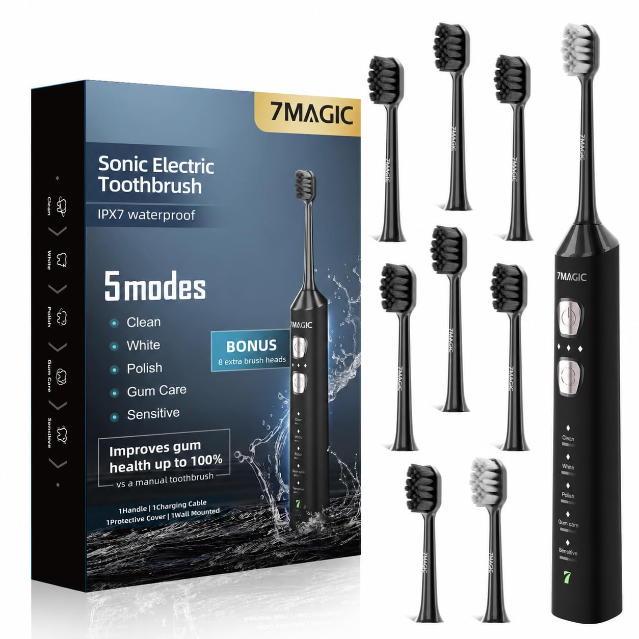 7MAGIC Spazzolino elettrico Sonic, durata 180 giorni, 42000 VPM, 8 testine