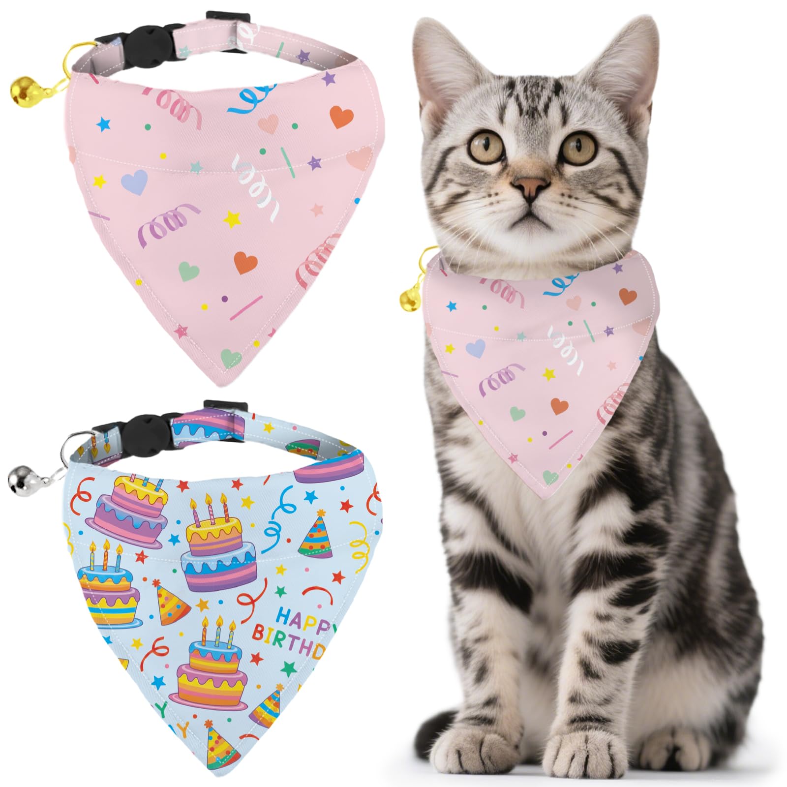 GLOBLELAND 2 Pack Birthday Cakes Pet Bandana Collar with Removable Bandana and Bell Ribbons Adjustable Dog Stars Love Collar Cat Collars Scarf for Pets Kittens Puppy Cats Dogs