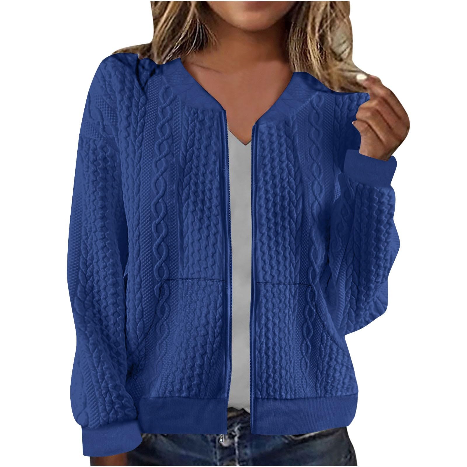Women's Cable Knit Zip Up Cardigan Sweater Long Sleeve Open Front Sweaters Jacket with Pockets