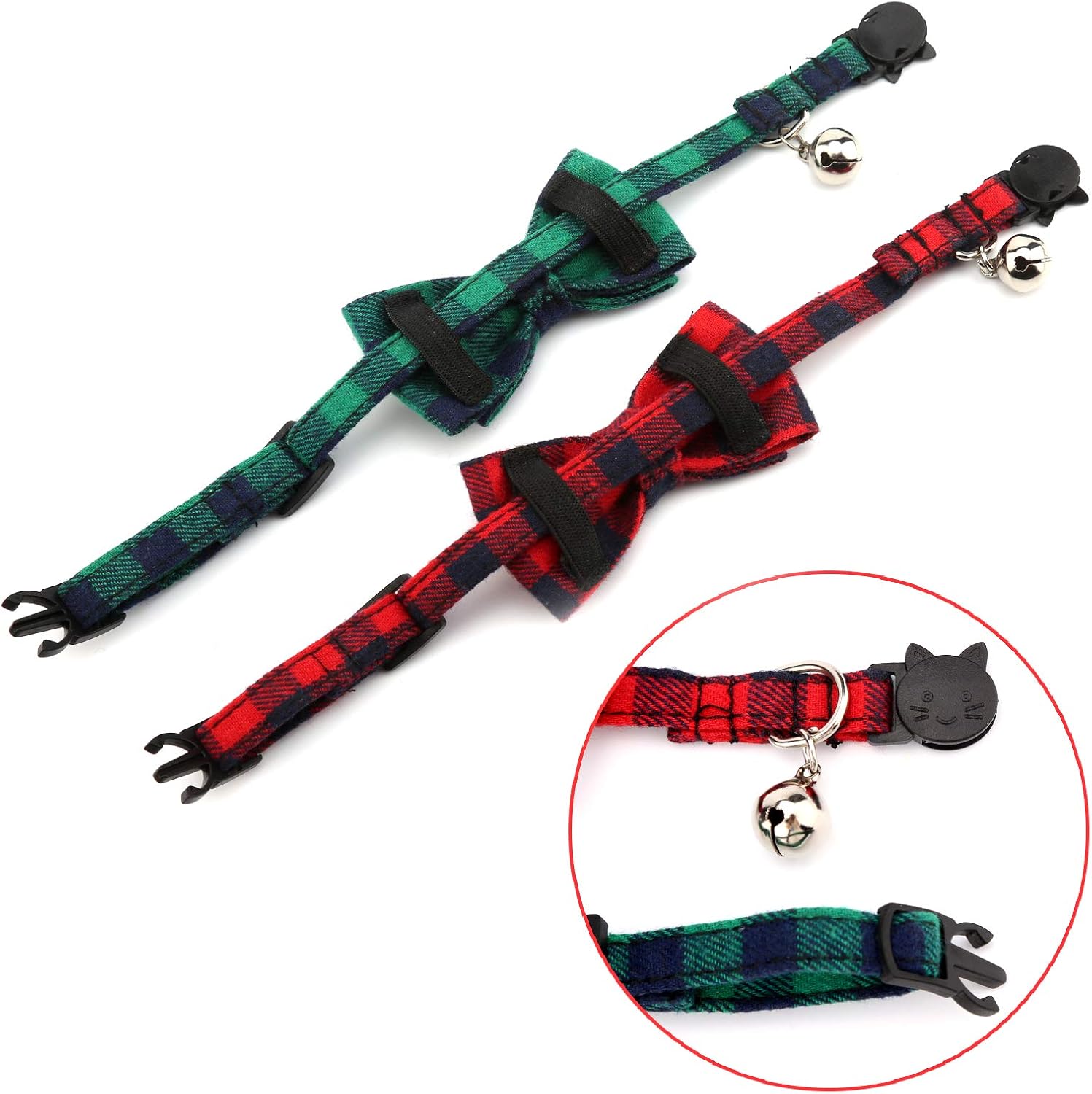 LUTER 2Pcs Christmas Plaid Cat Collars Breakaway with Bow Tie and Bells, Adjustable Collars for Cats, Kitten, Puppy Supplies (Red, Green)