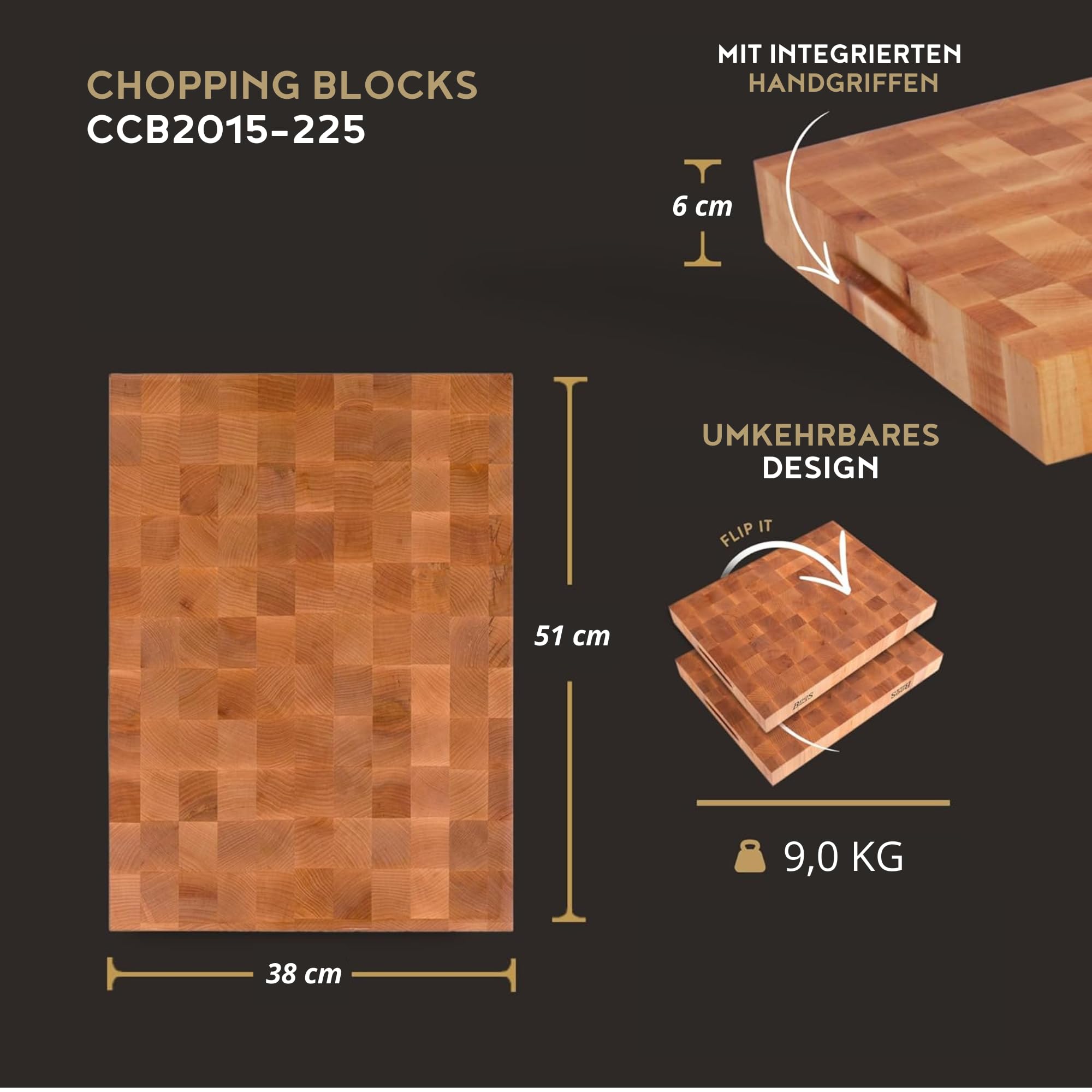 Boos Block Hackbrett Holz - 51 x 38 x 6 CM - Schneidebrett Stirnholz | Extra Dick - Nordamerikanisches Ahorn-Hartholz - Hirnholz Schneidebrett - Hackblock Holz - Schneidbrett Antibakteriell Groß