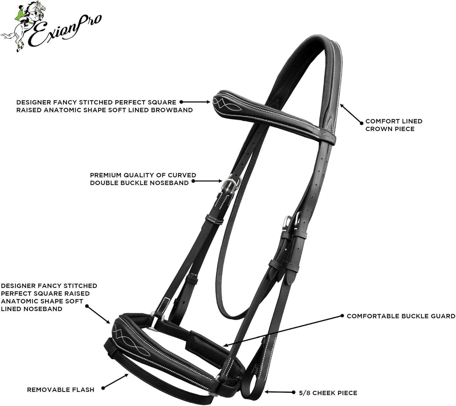 Exion Horse Dressage Bridle with Soft Padded Anatomical Crank Noseband & Reins | Fancy Square Raised Browband | Comfort Crownpiece | Premium Vegetable Tanned Leather