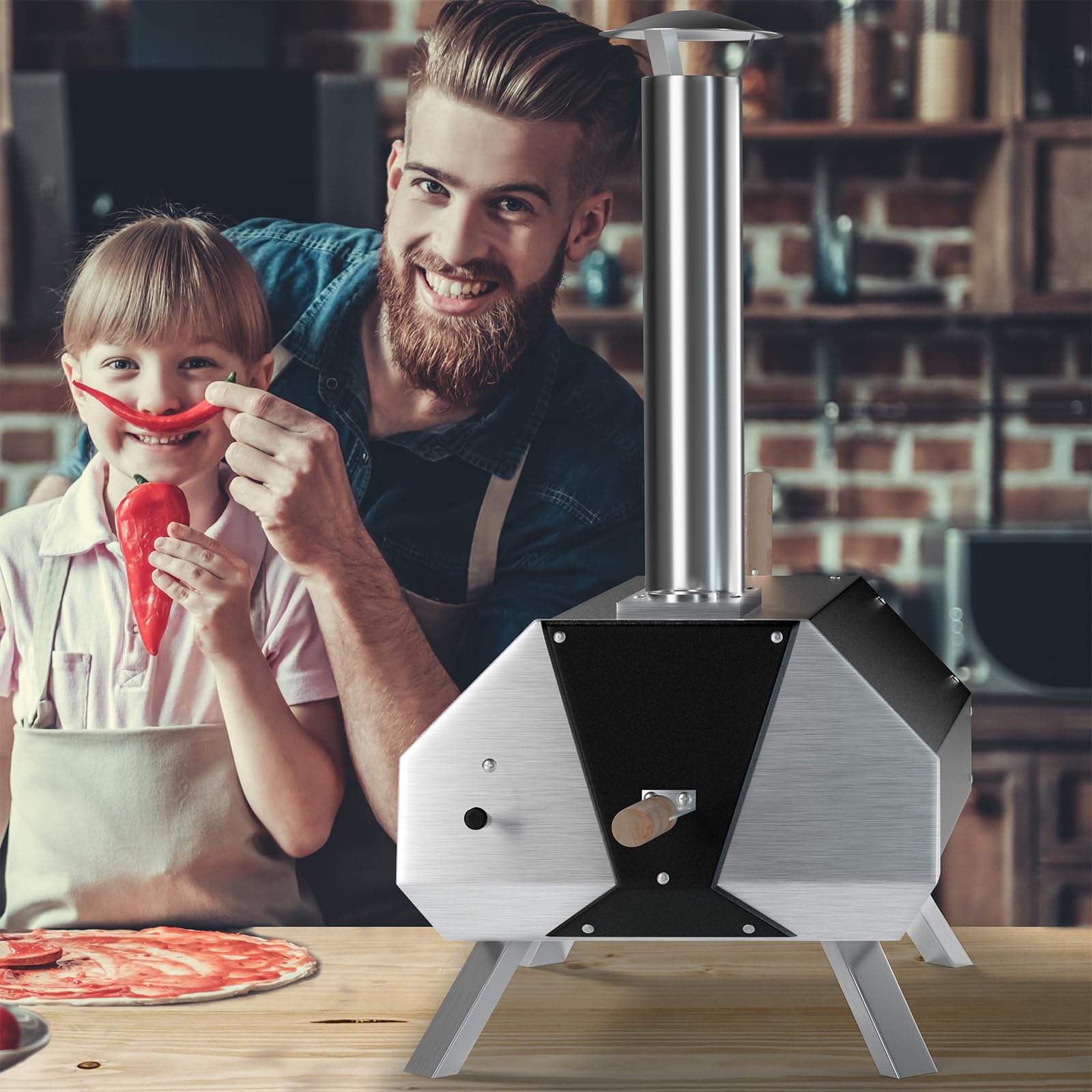 GOPLUS Four à Pizza Pliable 3 Couches Acier Inoxydable avec Thermomètre, Pierre à Pizza, Portable au Feu de Bois pour Extérieur