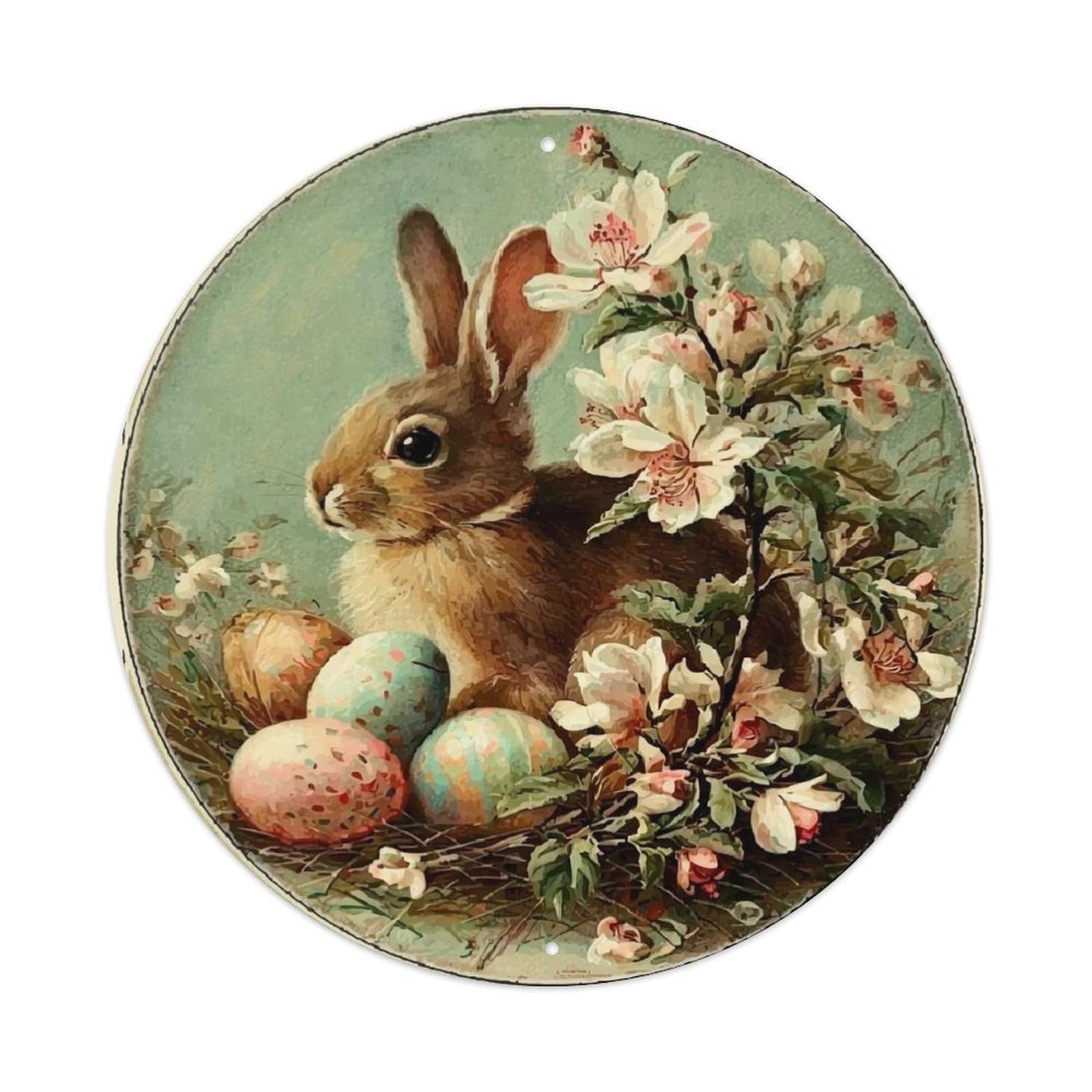 Easter Bunny Eggs Flowers Spring Round Metal Tin Sign Vintage Wall Decor, Bar Garage Cafe Kitchen Home Wall Art Poster 8x8inches