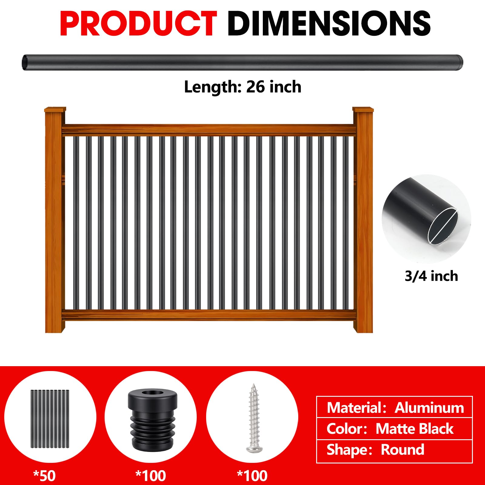 50-Pack 36" Round Aluminum Deck Balusters – 3/4" Diameter, Black Powder-Coated, With Connectors & Screws For Wood/Composite Railing