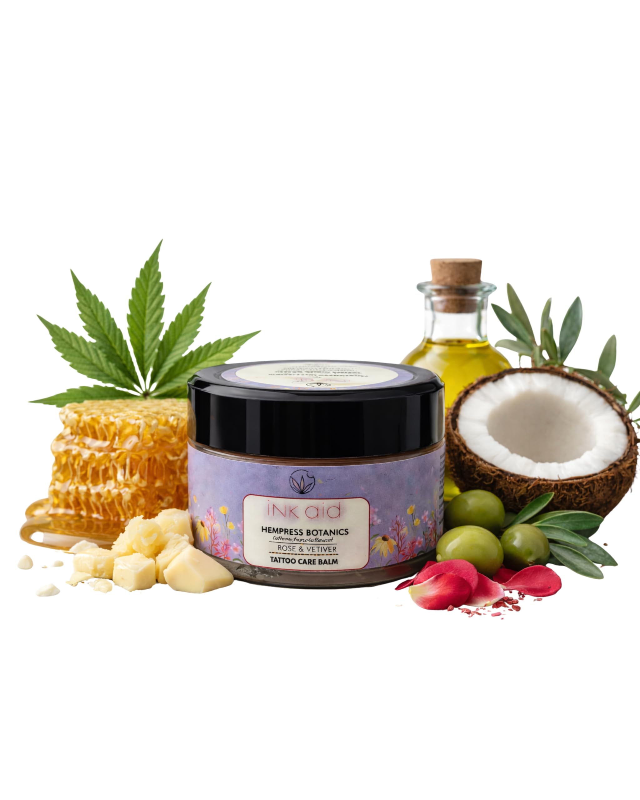 hempress tattoo care balm with hemp seed, coconut, almond & olive oil | enriched with rose esential oil & vitamin e | natural herbs and oils | shea butter & beewax | tattoo shiner, ointment, tattoo wax- no parabens, no petroleum jelly. 100% natural