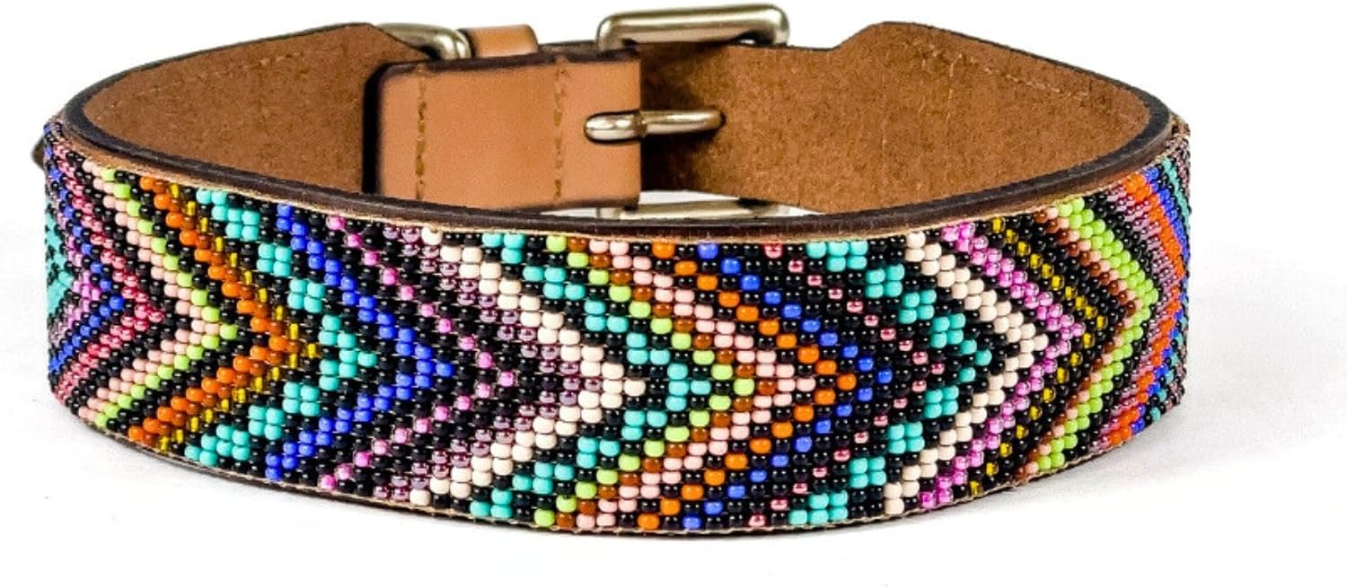 Sambboho Bixie Beaded Dog Collar – Handmade Full-Grain Leather Collar with Glass Beads – Scratch-Resistant, Heavy-Duty Nickel-Coated Brass Buckle, Water-Protected with Organic Beeswax (8-10")
