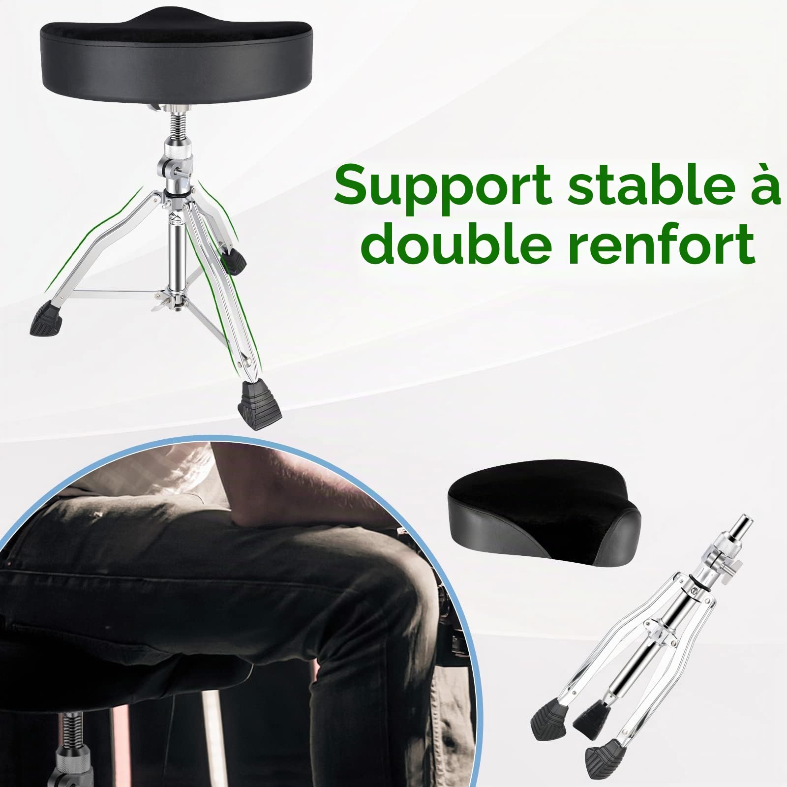EASTROCK Tambour Throne Siège de tambour réglable en hauteur, tabouret de tambour rembourré rotatif style moto avec pieds antidérapants pour batteurs, adulte