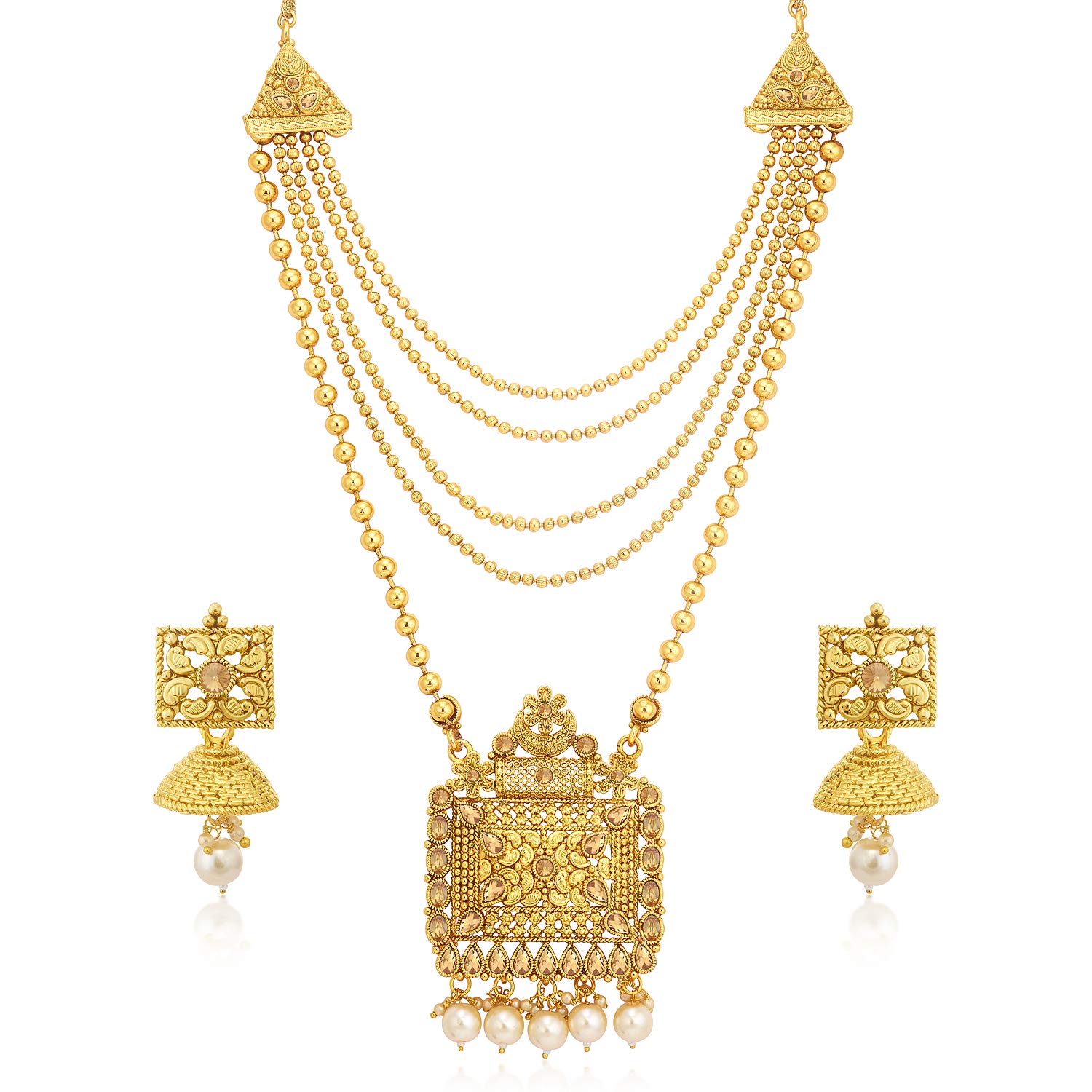 SukkhiClassy Pearl Gold Plated Wedding Jewellery LCT Stone Long Haram Necklace Set For Women (N83786)