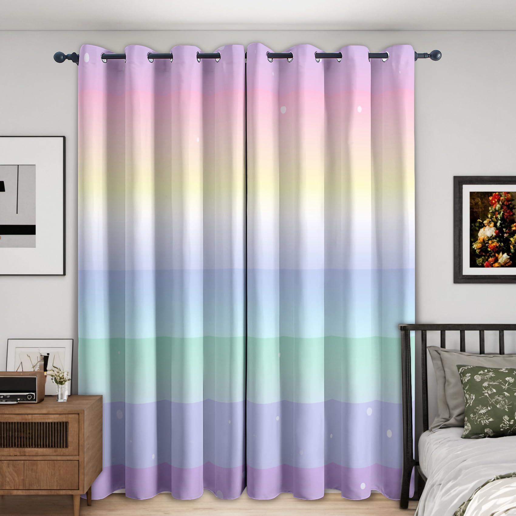 Rainbow Gradient Curtains for Bedroom 66x72, Kids Girls Colourful Pastel Ombre Curtains Blackout Living Room Home Decor, Printed Window Eyelet Drapes 72 Inch Drop 2 Panels - Tc40