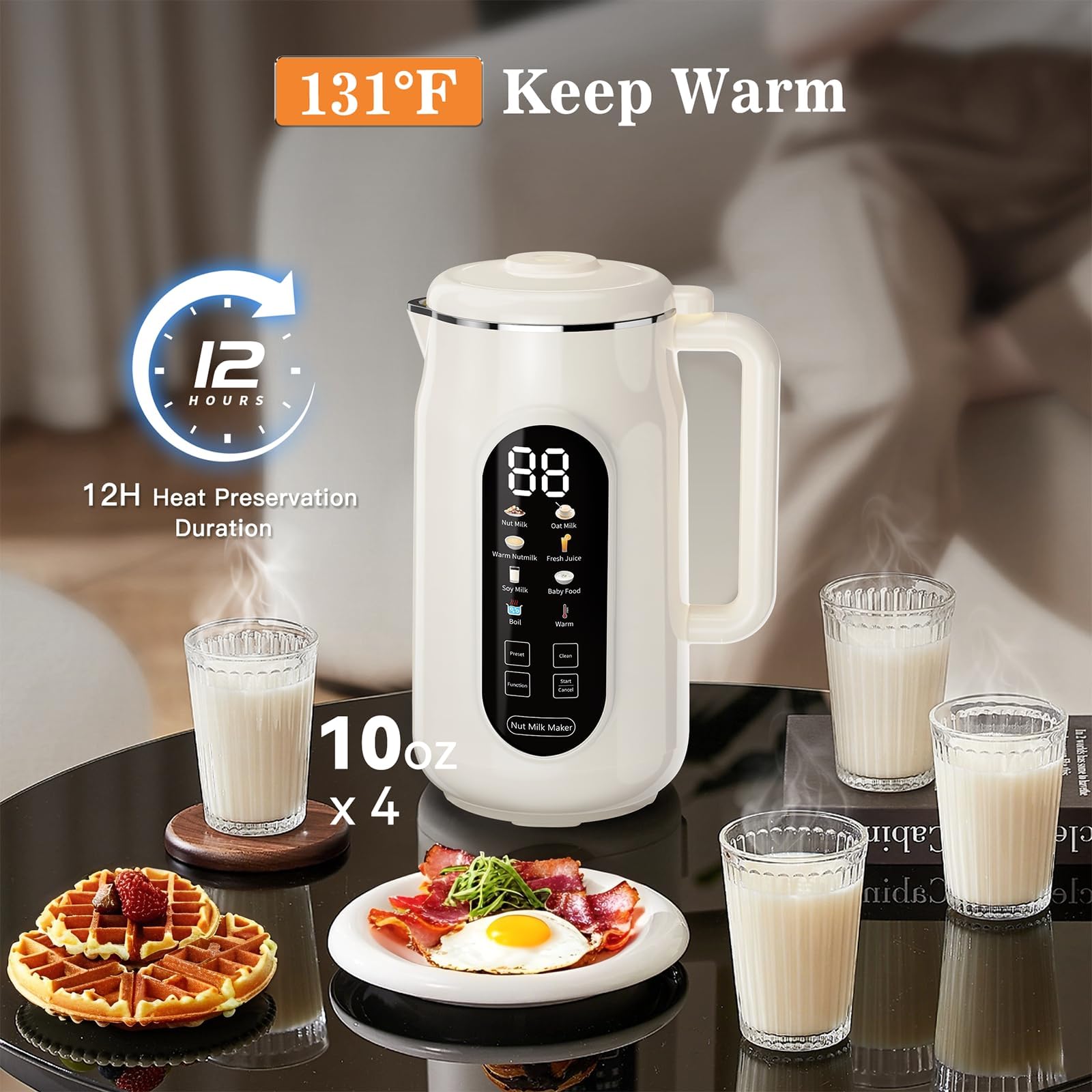 Maszyna do robienia mleka orzechowego, automatyczny blender ze stali nierdzewnej o pojemności 1,2 l z ekranem LED, timerem 12-godzinnym i automatycznym czyszczeniem, do mleka owsianego z nerkowców