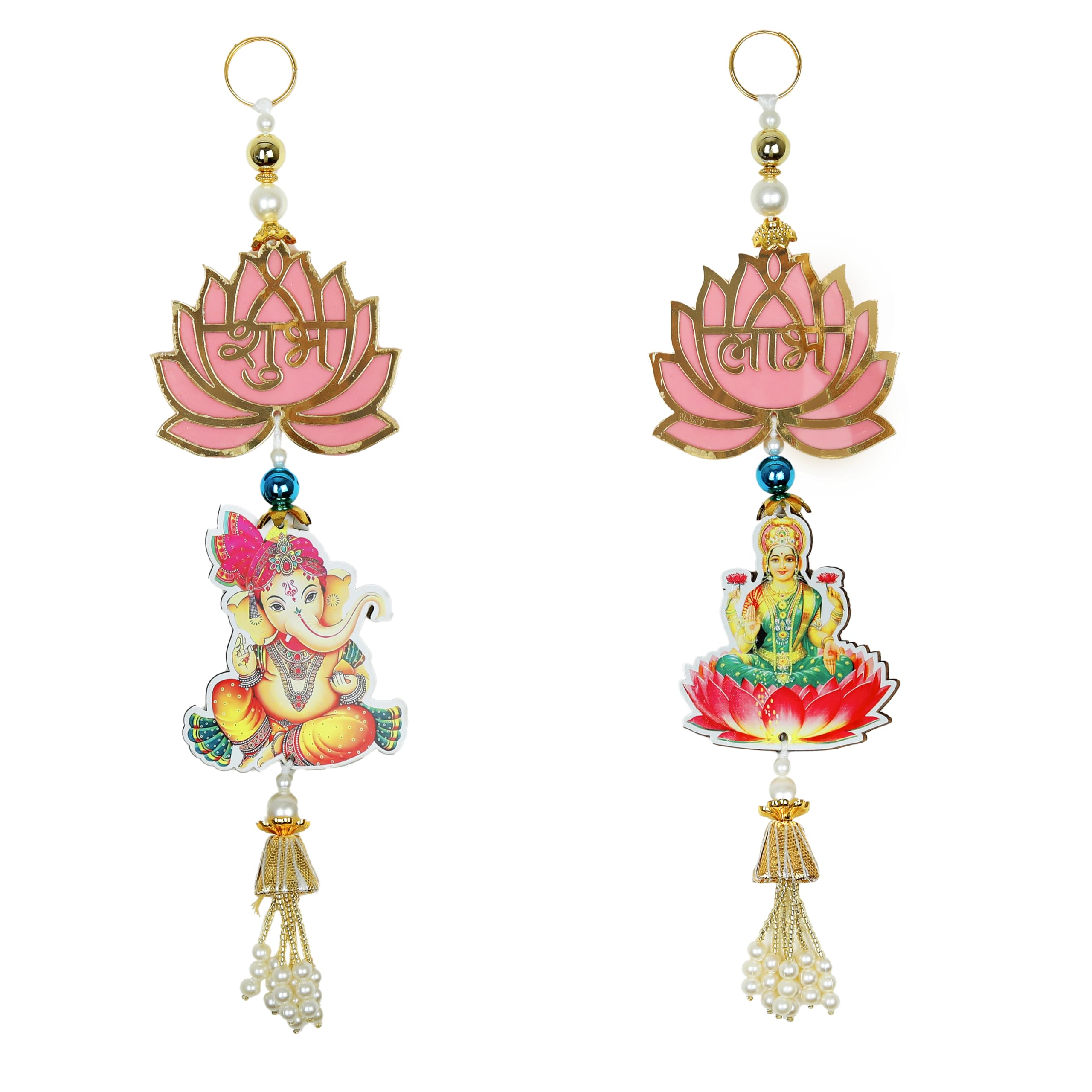 Auspicious Light Pink Lotus Laxmi Ganesh Shubh Labh Bandanwar Door Wall Hanging Wall Toran for Festival Decorations Handcrafted Toran Valance Religious Showpiece for Home Temple Décor(Size:-11" X 3")