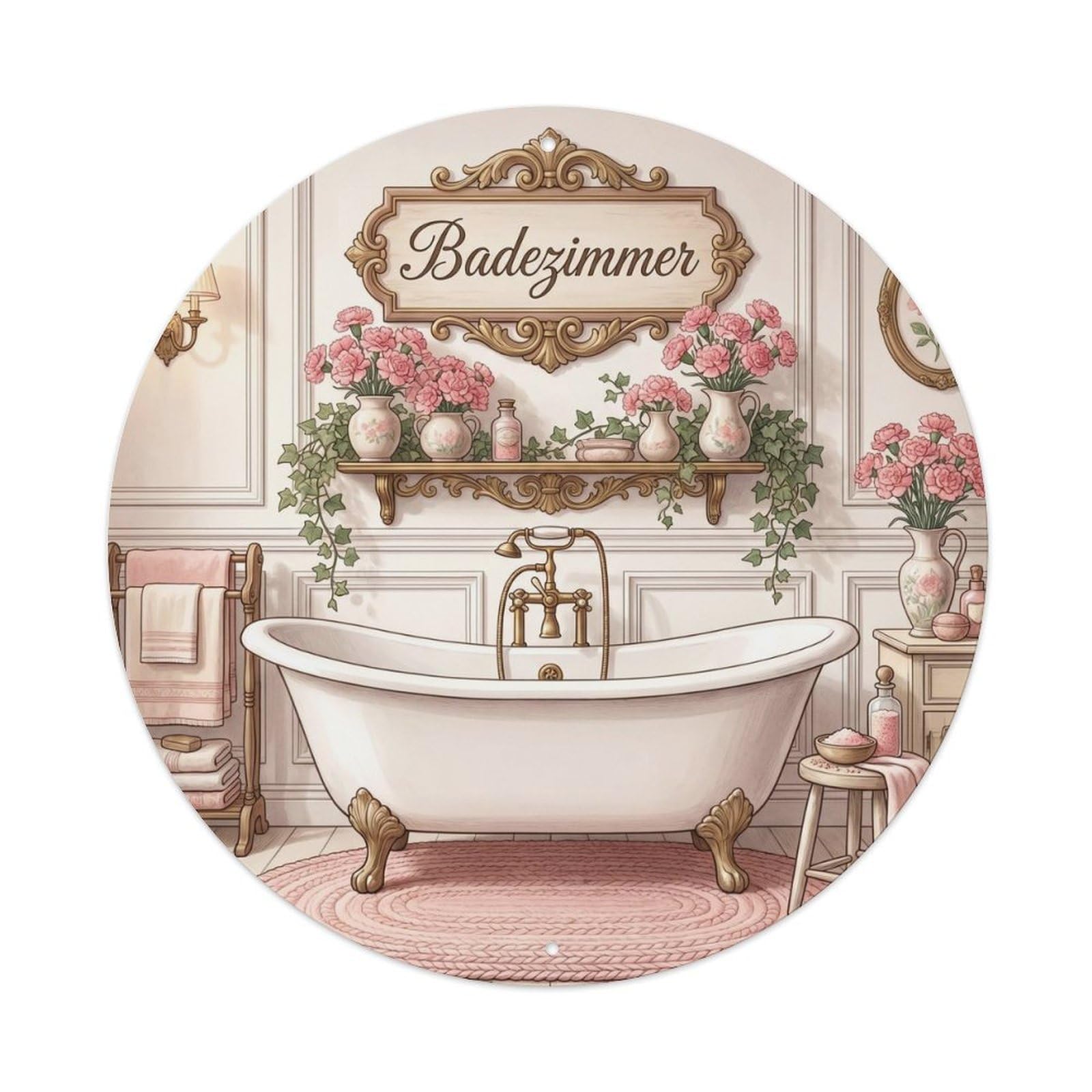 Badezimmer Carnation Vintage Spa Bathroom Vintage Metal Tin Sign Plaque Wall Decor for Cafe, Club, Garden Round Metal Poster 8x8Inch