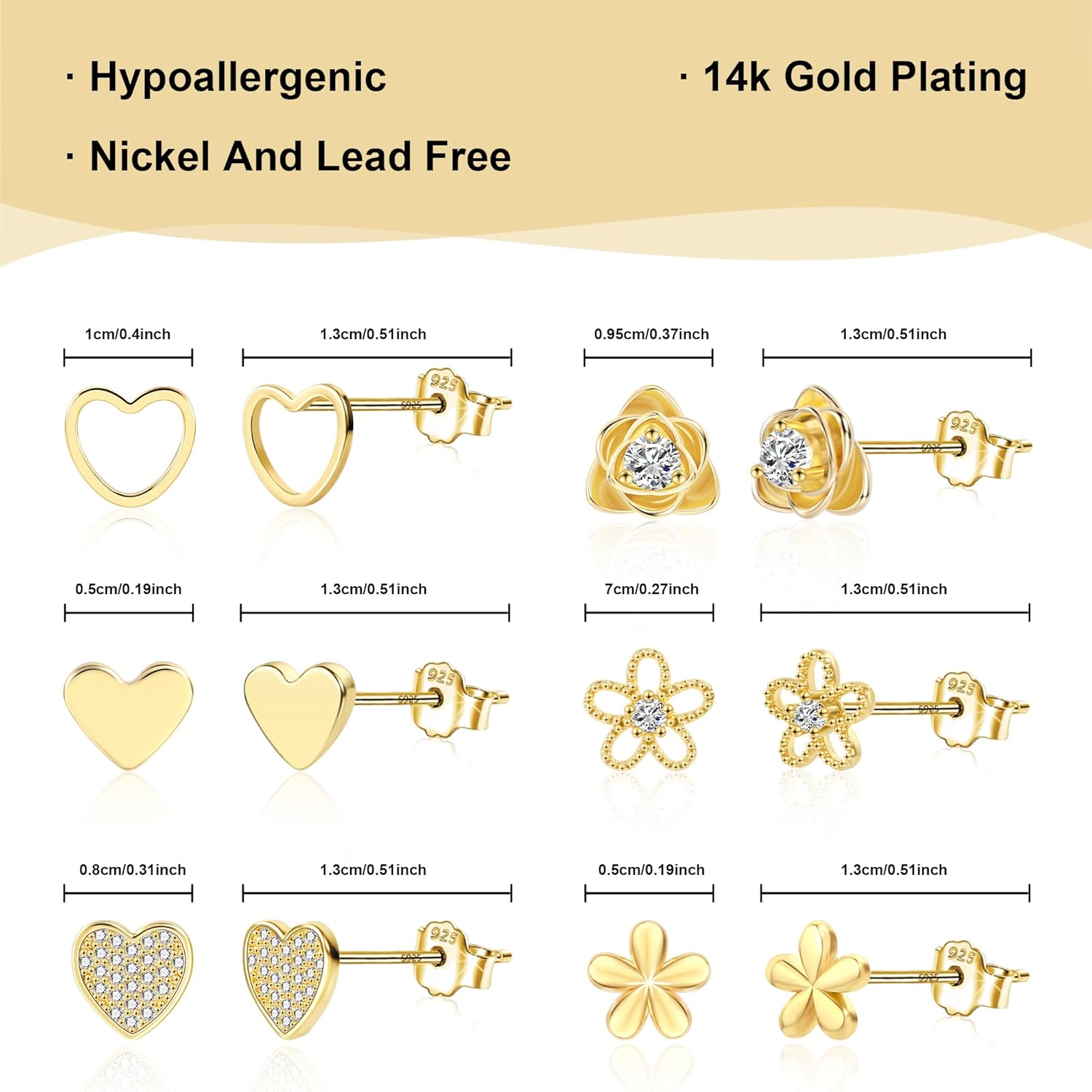 ALEXCRAFT Small Gold Stud Earrings - 6 Pairs Cute Heart Studs for Women - Cubic Zirconia - Hypoallergenic - Pack - Image 4