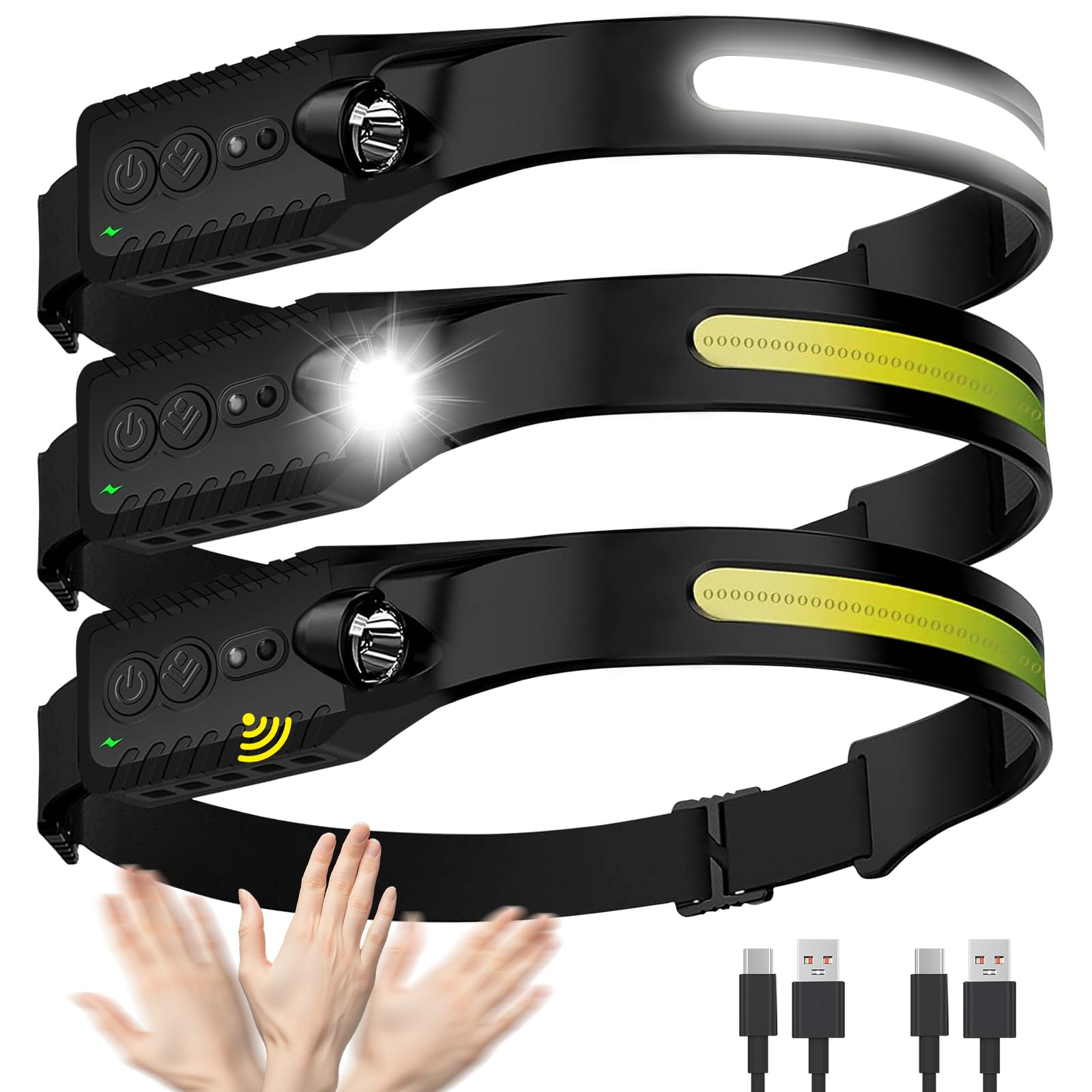 (3-Pack) Headlamp Rechargeable, LED Head Lamp Flashlight, 230° Wide Beam Headband Light, 400 Lumen Super Bright, Waterproof Headlight, Motion Sensor, 5 Modes for Running, Fishing, Hiking, Camping