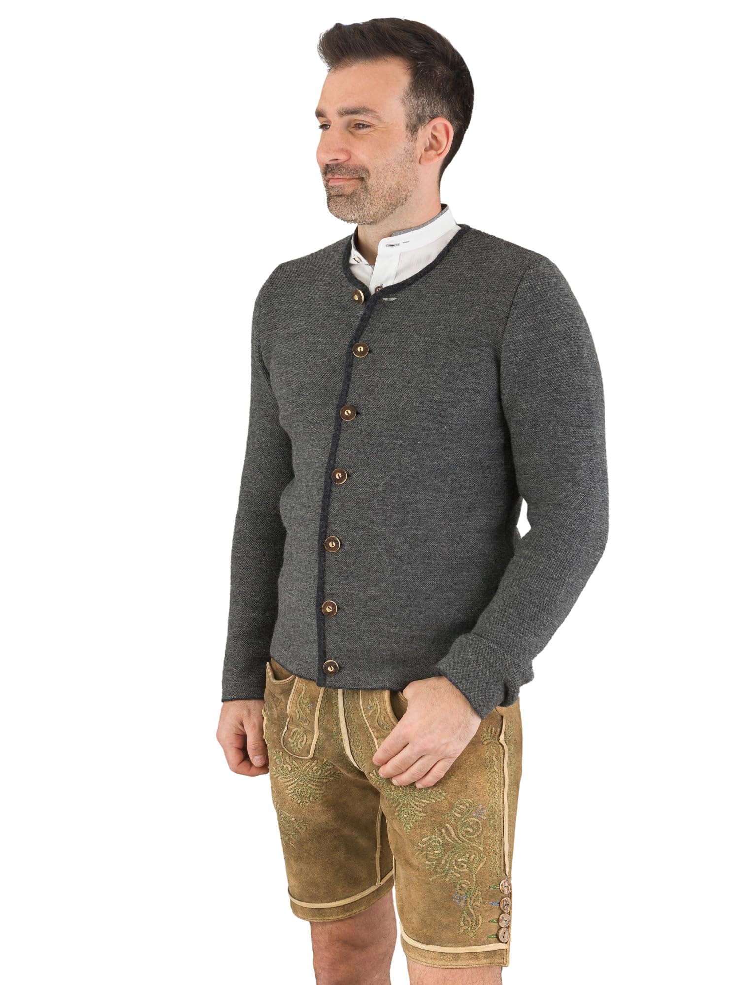 Hammerschmid Trachtenjacke Simon für Männer, Elegante Herrenstrickweste für Hochzeit, Taufe, Oktoberfest, Warmer Janker aus Schurwolle, Festliche Joppe in grau