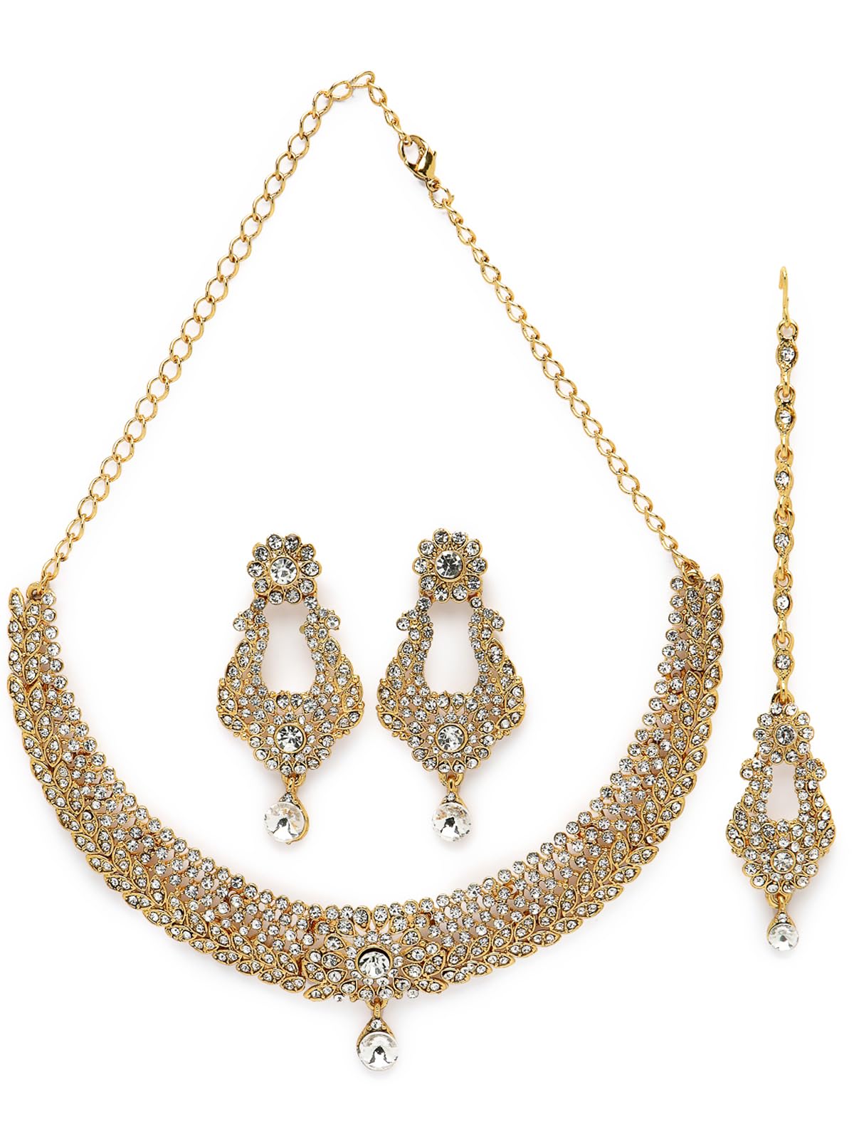Sukkhi Exhilarating Gold Plated AD White Stone Collar Bone Necklace Set With Earring And Maangtika | Jewellery Set For Women (NS105714) (B0CBB9W4VV) Amazon Price History, Amazon Price Tracker