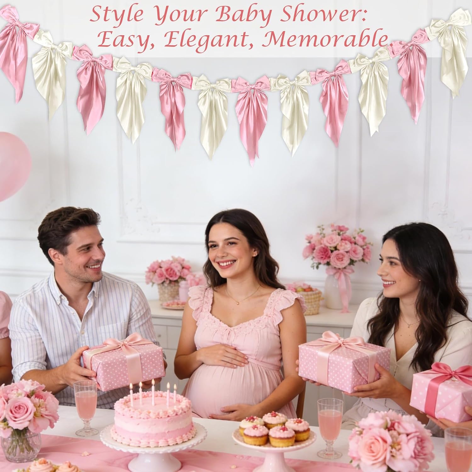 White Pink Bow Garland Banner for Fireplace Mantel Decor Satin Ribbon Bow Knot Hanging Garland Banner for Bachelorette Bridal Shower Birthday Wedding Party Supplies Favors（White Pink）