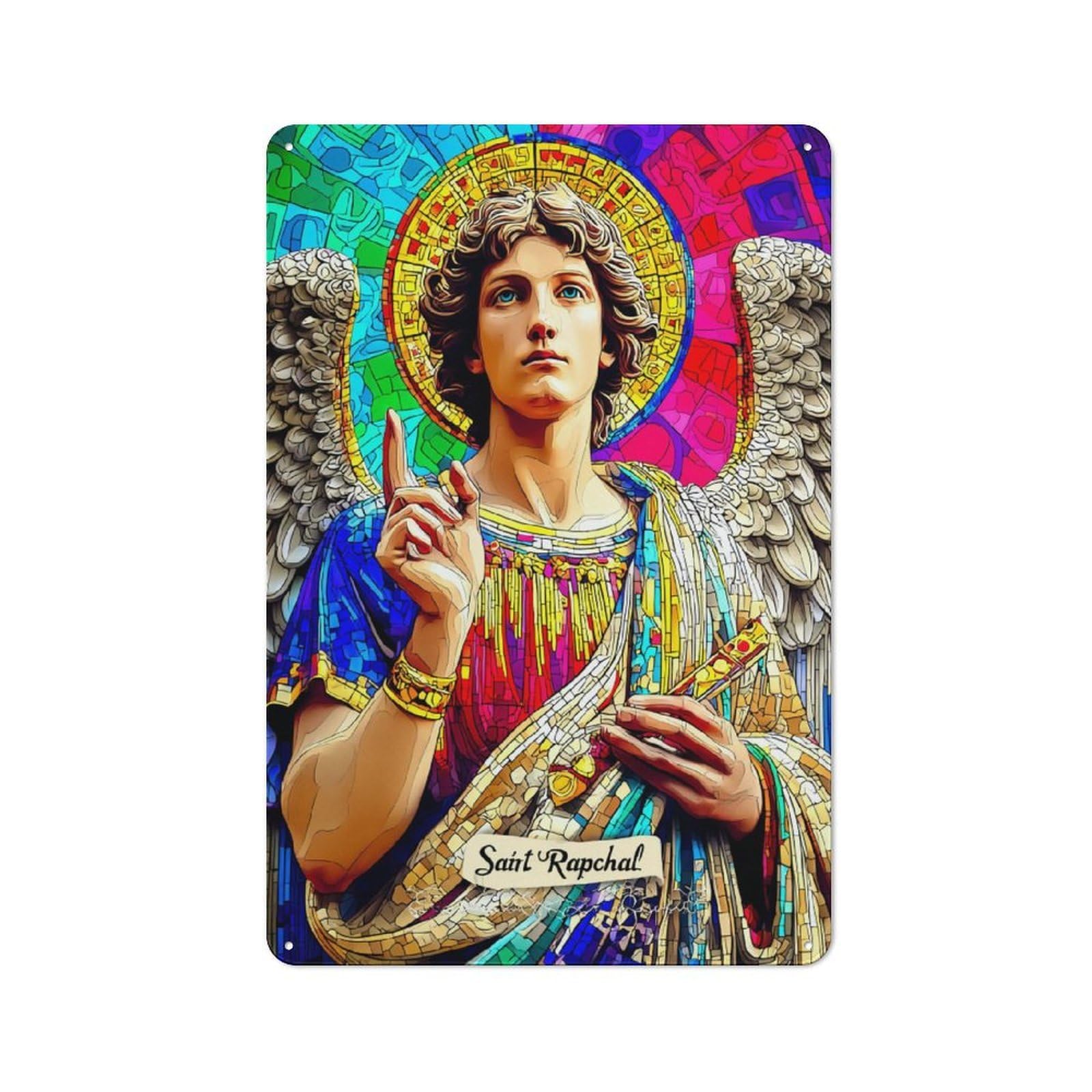 Junmoney Saint Raphael The Colorful Guardian Angel Retro Metal Wall Sign 30X20cm For Hobby Room Or Studio, For Garage, Workshop And Man Cave Decoration