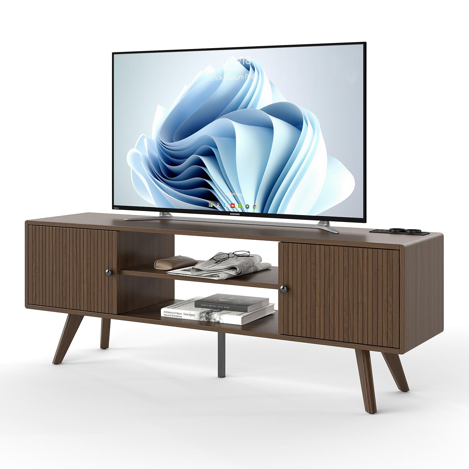 Manora Mueble de TV con Enchufe, Mesa de TV para hasta 65 Pulgadas, Mueble TV Salon con 2 Puertas y Estantes Abiertos, Mueble Television para Salon Dormitorio, 140 x 35 x 50cm, Marrón