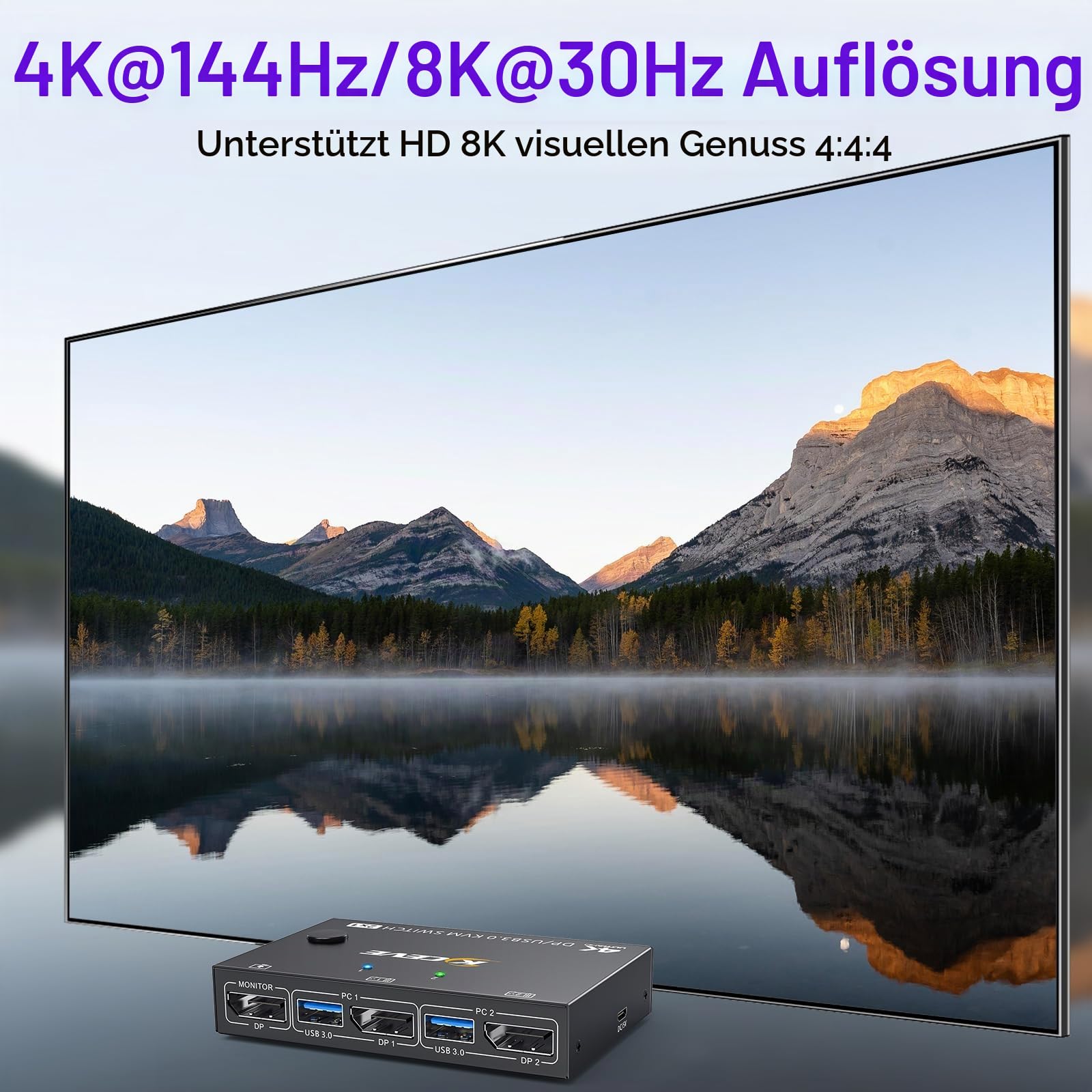USB 3.0 KVM Switch Displayport 4K@144Hz | DP KVM Switch 2 PC 1 Monitor 8K@30Hz Teilen 4 USB 3.0 Geräten Tastatur Maus Monitor mit Wired Remote