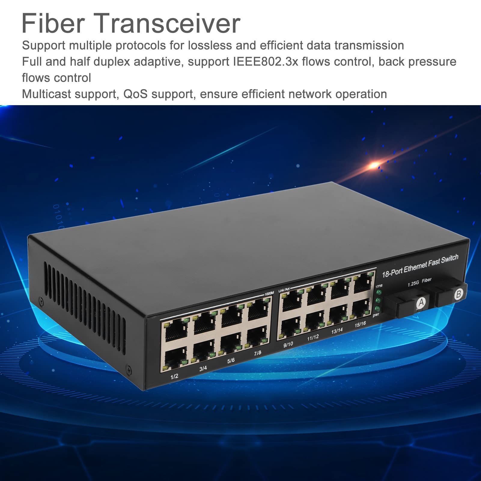 Shanrya Convertisseur de Média Fibre Ethernet, 100-240V Tx1310nm Rx1550nm 2 Ports Optiques Métal 16 Ports électriques Commutateur de Média Ethernet Fibre pour Réseau (Prise UE)