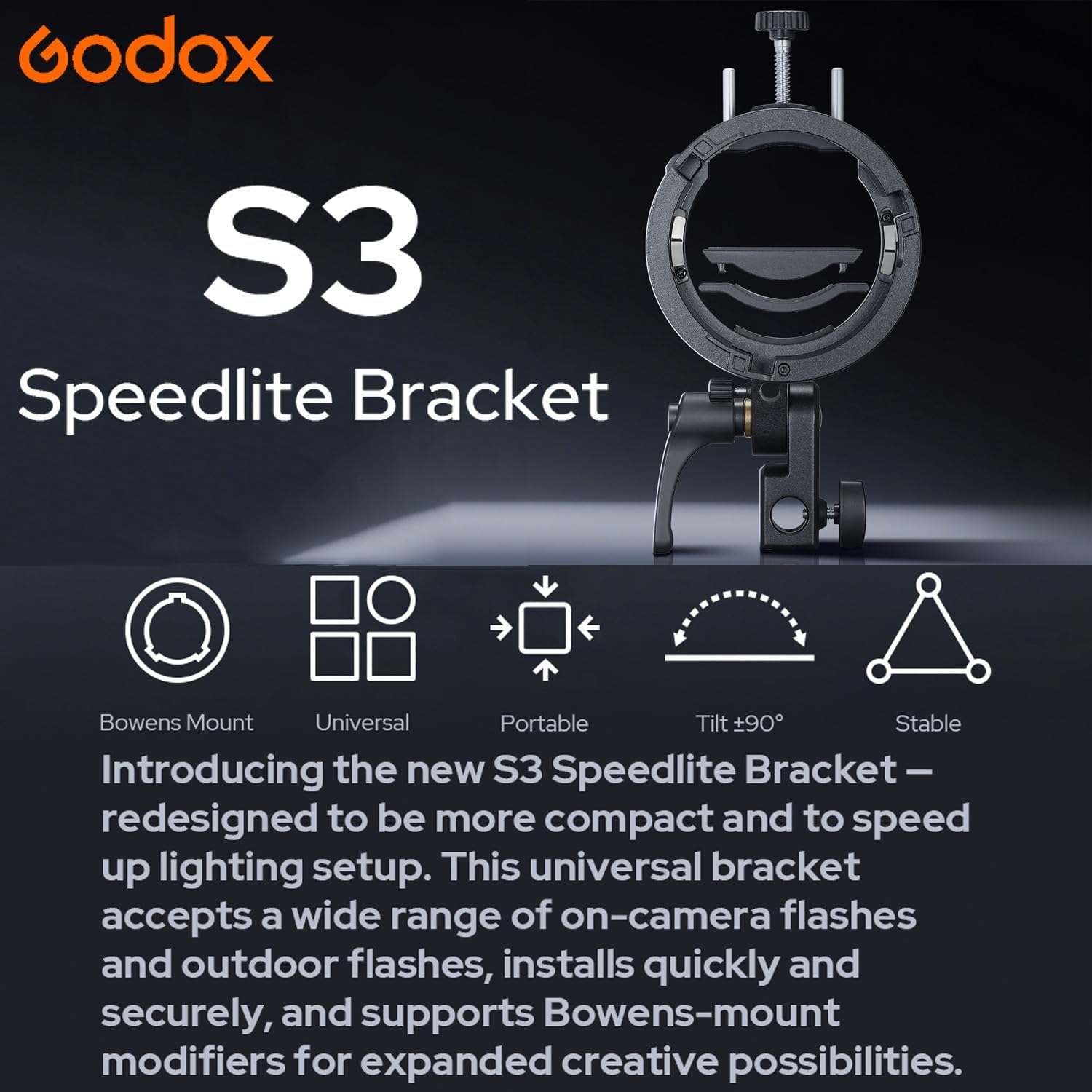 Godox S3 Speedlite Halterung Blitzhalter (𝐒𝟐 𝐔𝐩𝐠𝐫𝐚𝐝𝐞 𝐕𝐞𝐫𝐬𝐢𝐨𝐧), ±90° Neigung, mit Bowens Verschluss und Kaltschuh für Godox V1 V100 AD200Pro AD300Pro AD400Pro AD100Pro V860III TT600