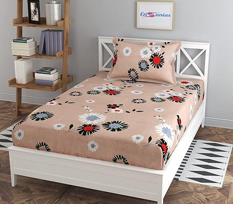 ENGUNIAS Prime Collection 220TC 1 Single Bedsheet with 1 Free Pillow Covers Soft-Touch Glace Cotton Skin Friendly 230X230Cm Single Bedsheet for Single Bed