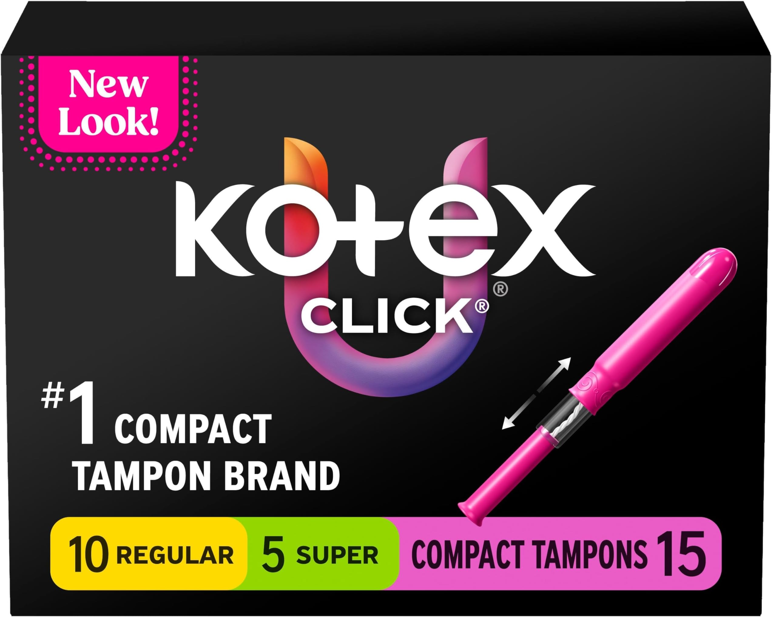 U by Kotex Click Multipack Tampons, Compact, Regular/Super Absorbency, Unscented, 120 Count (8 Packs of 15) (Packaging May Vary)