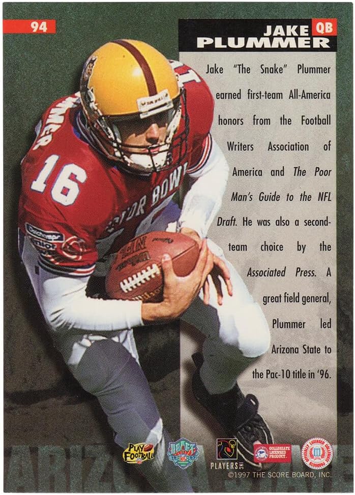 Jake Plummer Signed Arizona State 1997 SB All American Rookie Football Trading Card #94 w/Snake
