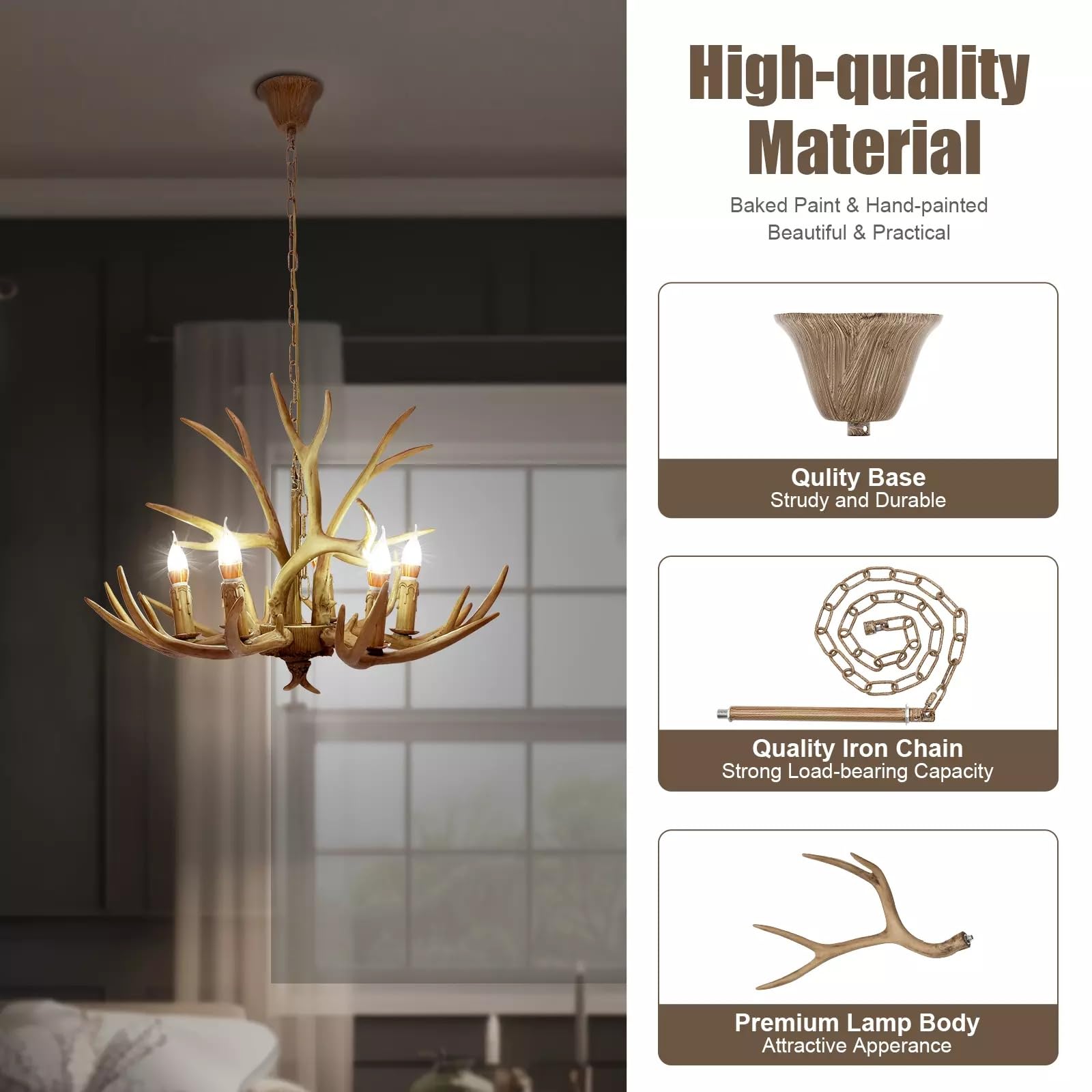 Lámpara de araña de cuernos retro, 6 cabezales, lámpara de cuernos E14, lámpara de techo decorativa para salón, bar, hotel