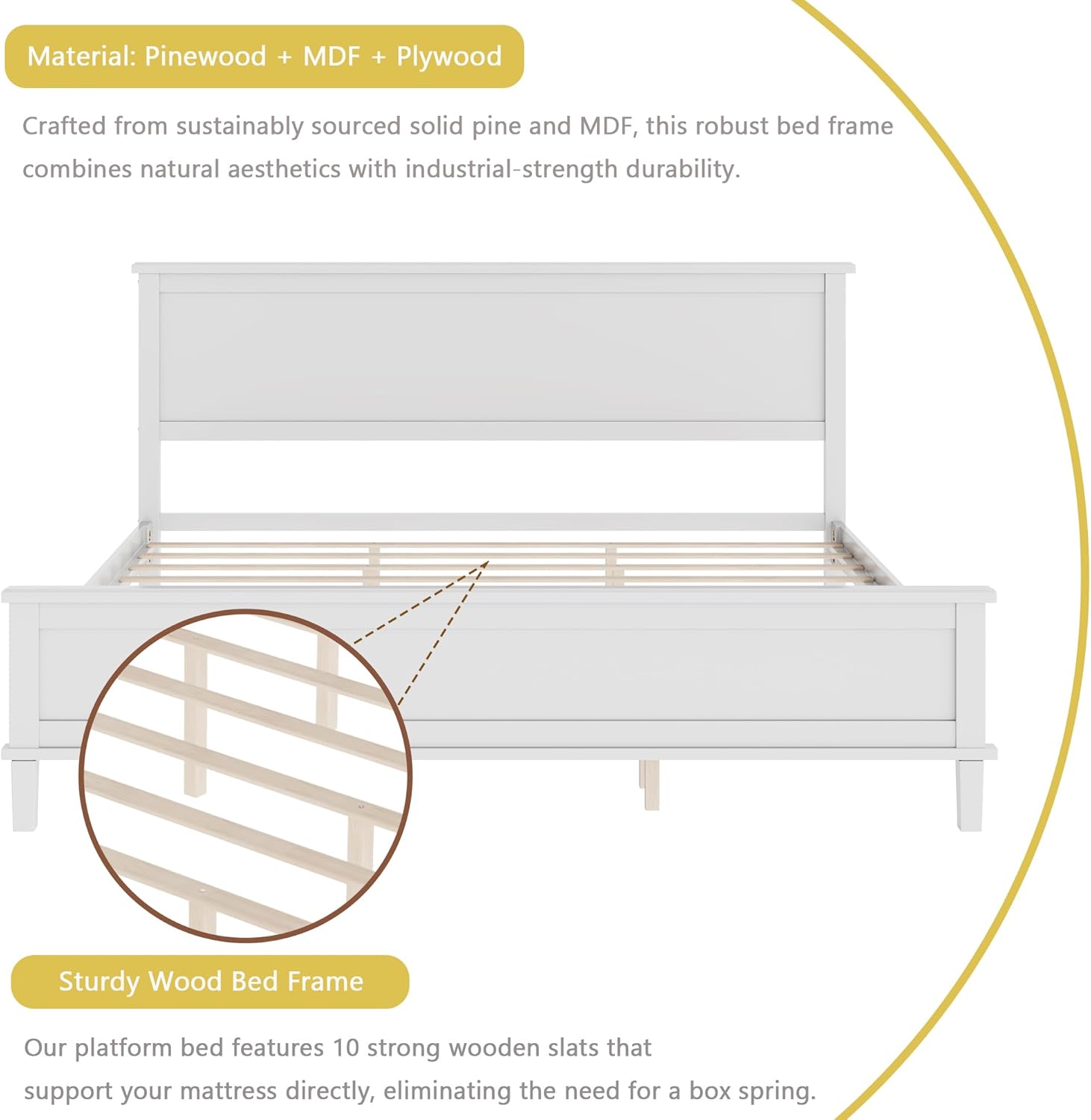 LZ LEISURE ZONE Mid-Century King Size Wood Platform Bed with Headboard,Wood Slat and Center Support Legs,No Box Spring Needed,White