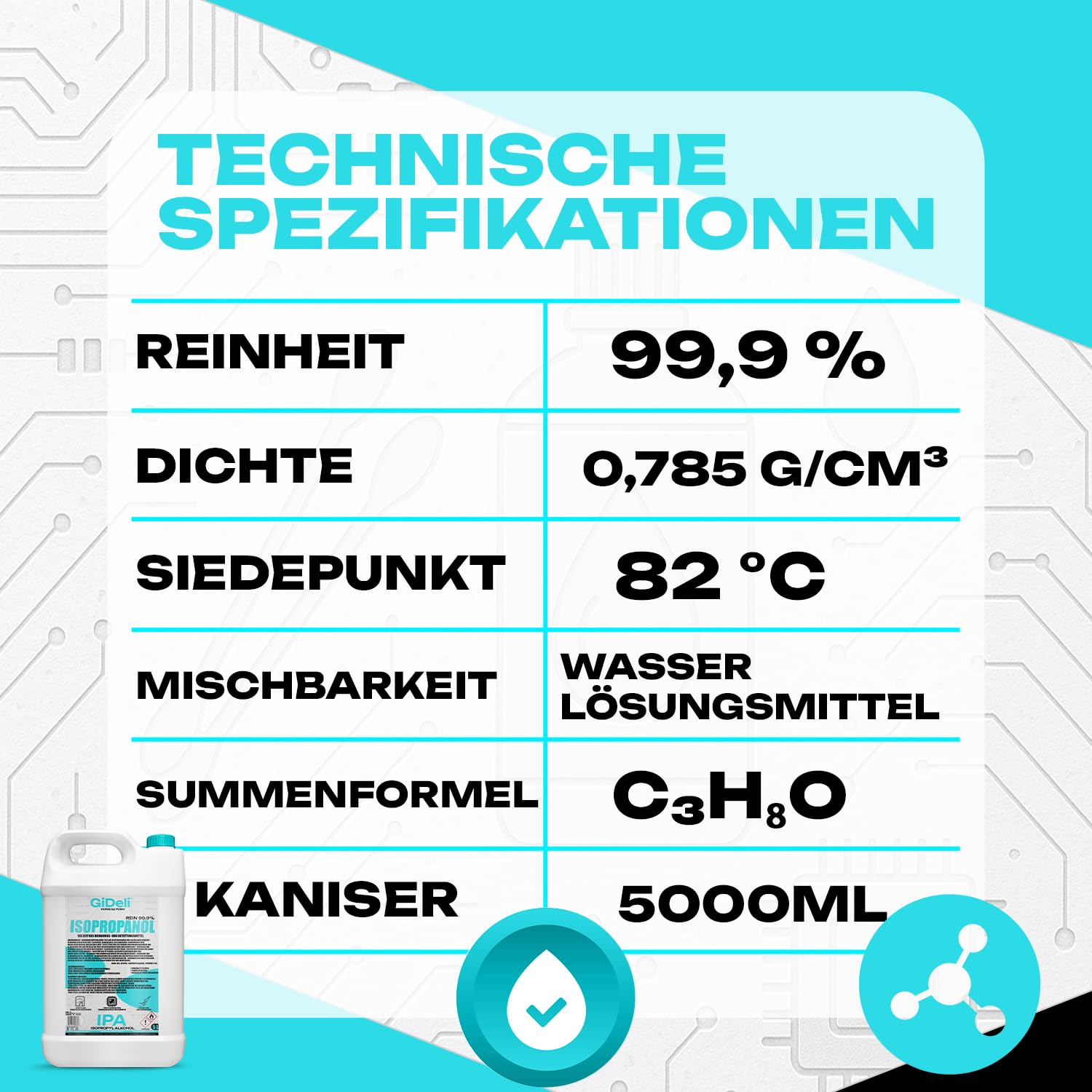 GiDeli Isopropanolo 99,9% 20 litri di alcool isopropilico ad alta percentuale di alcool per pulizia di componenti elettronici, lenti e schermi, pulizia di resine con stampa 3D